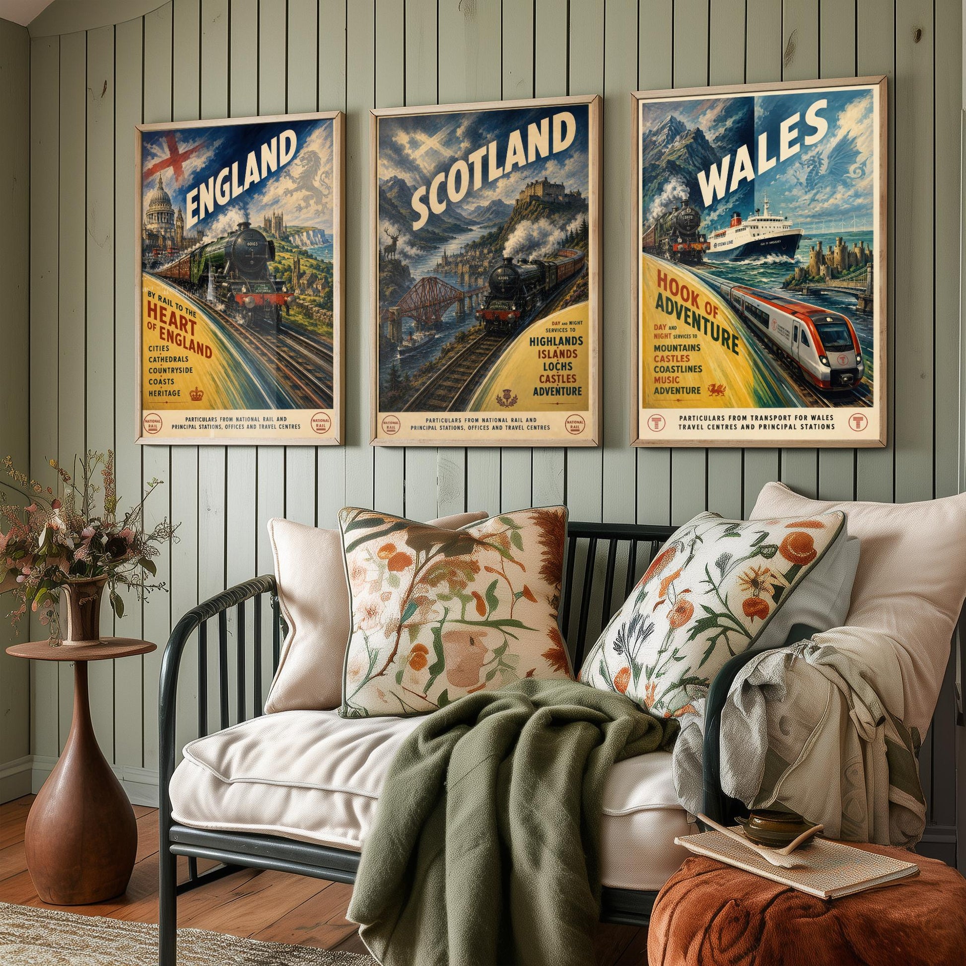 England Scotland Wales Set of Three Art Prints | Vintage Transport Travel Painting Poster