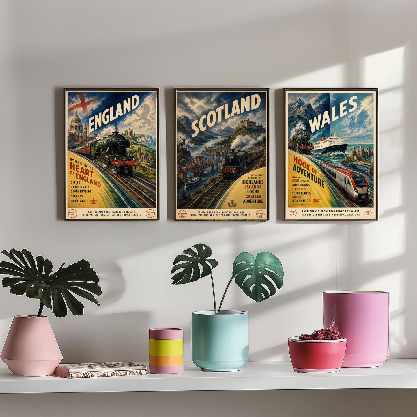 England Scotland Wales Set of Three Art Prints | Vintage Transport Travel Painting Poster
