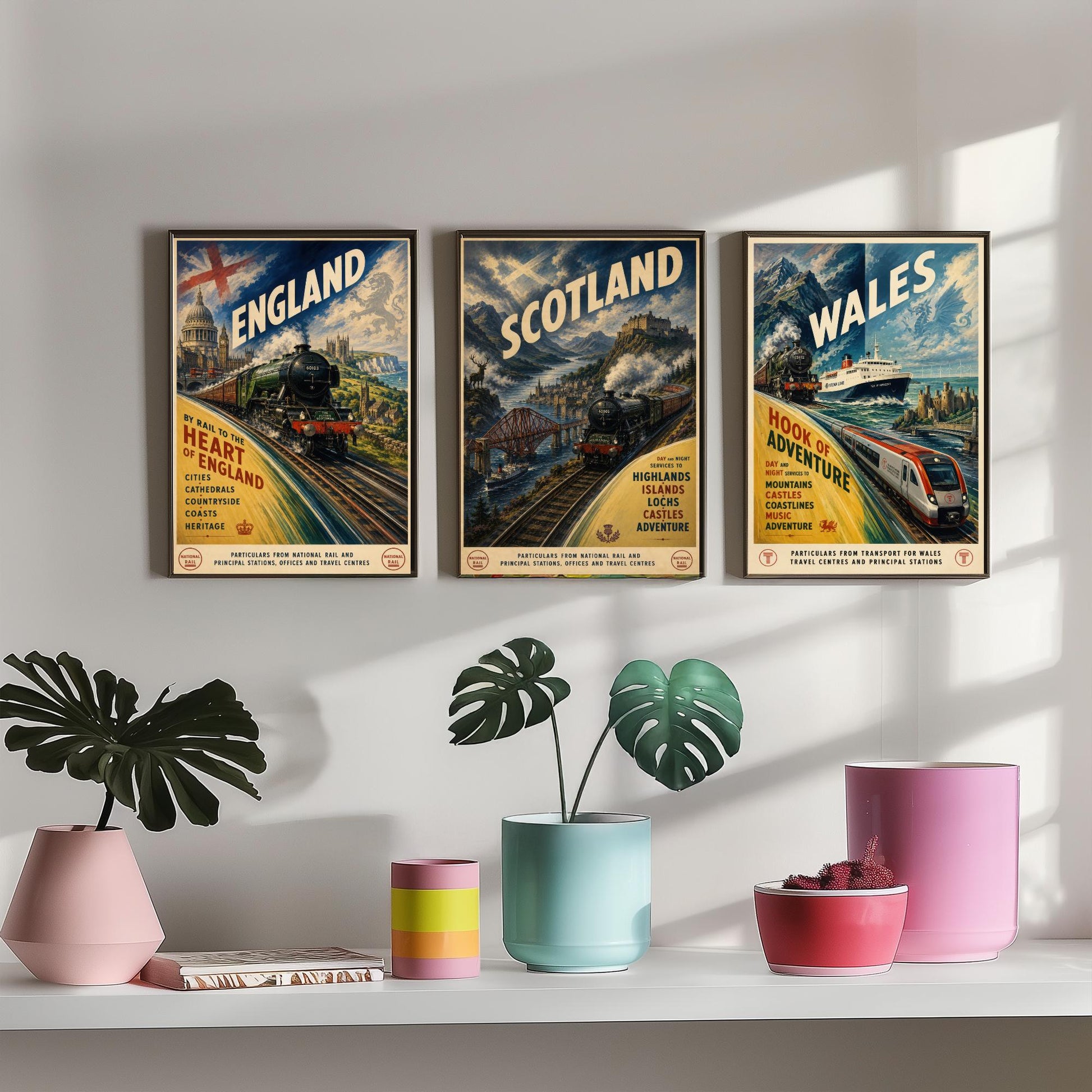 England Scotland Wales Set of Three Art Prints | Vintage Transport Travel Painting Poster