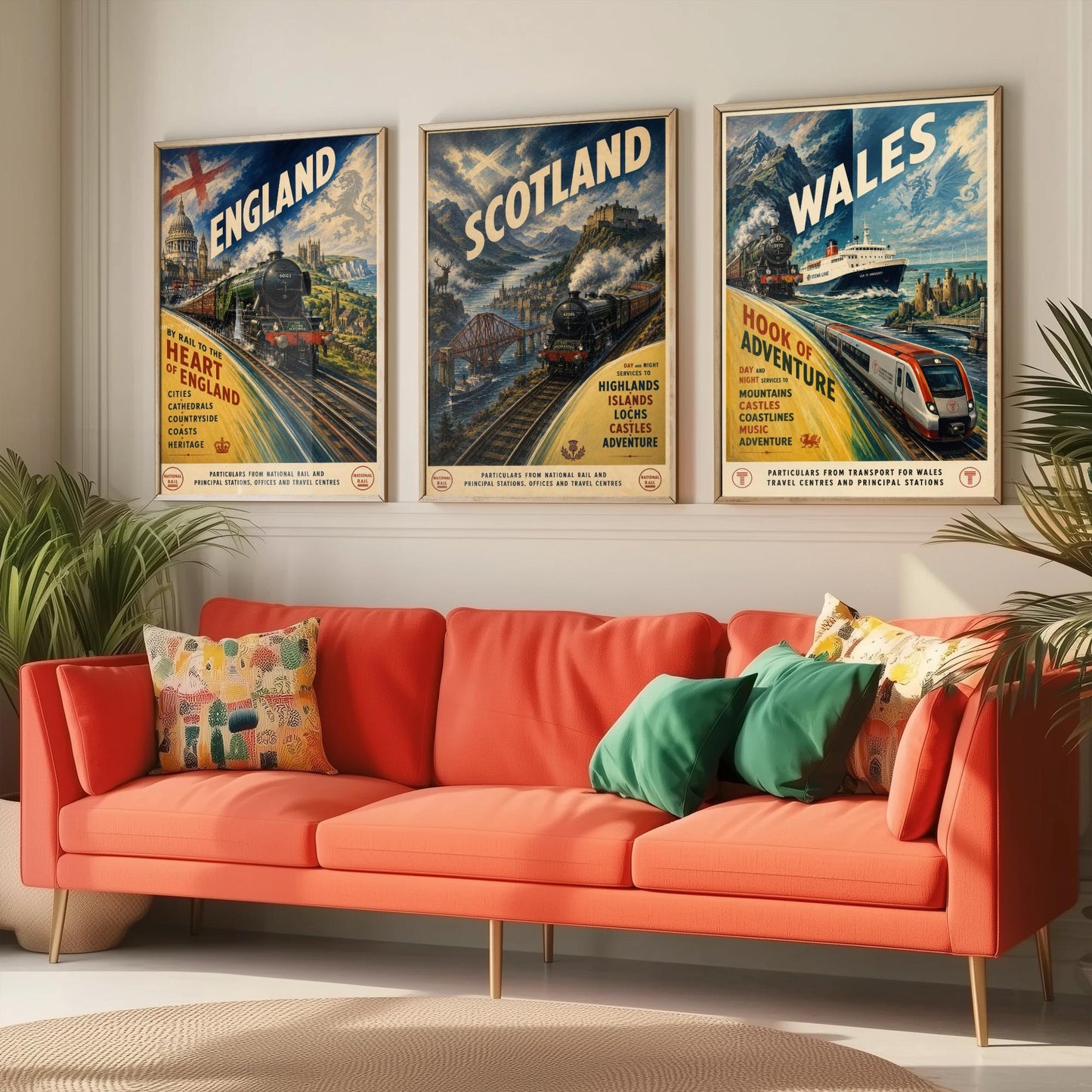 England Scotland Wales Set of Three Art Prints | Vintage Transport Travel Painting Poster