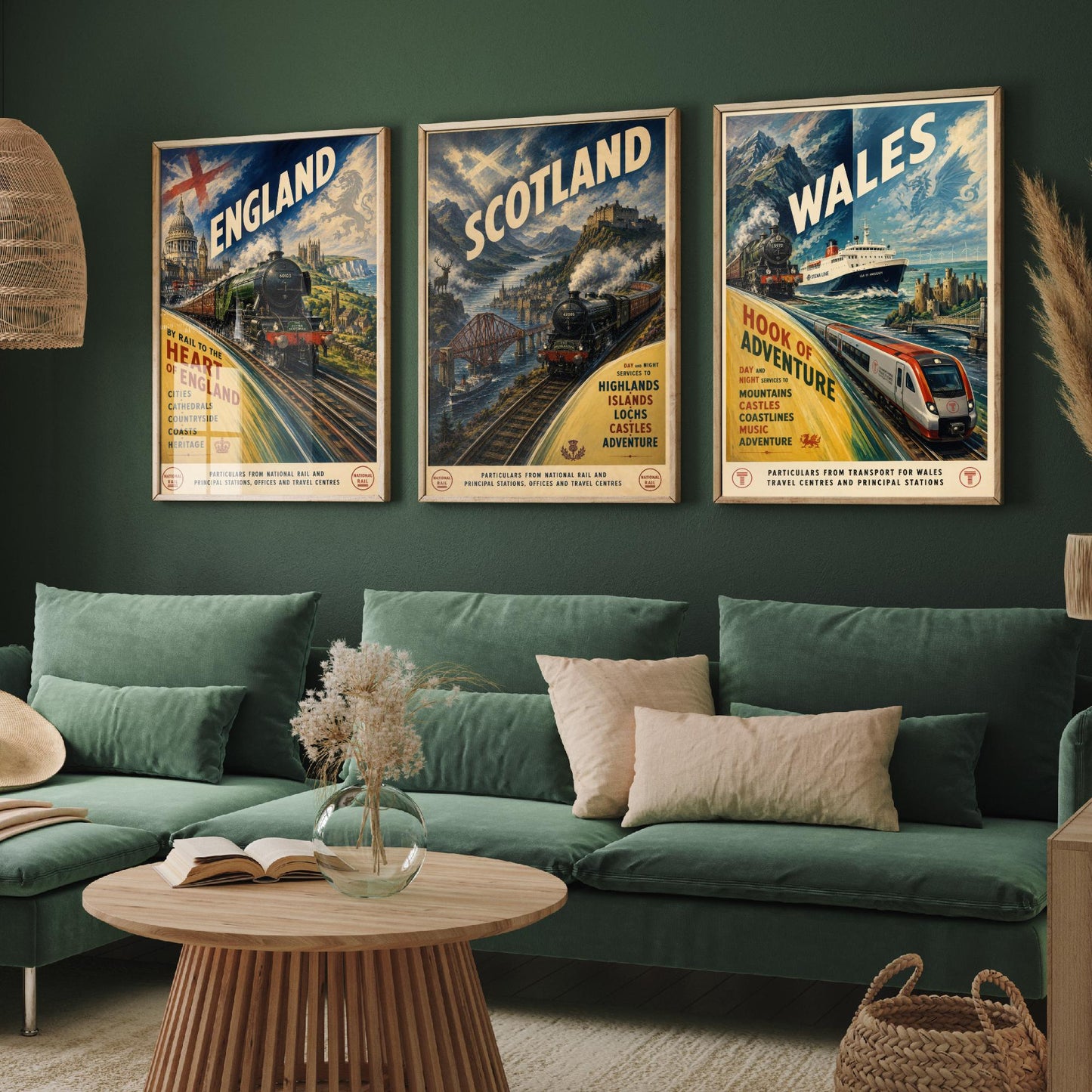 England Scotland Wales Set of Three Art Prints | Vintage Transport Travel Painting Poster
