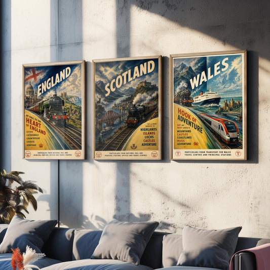 England Scotland Wales Set of Three Art Prints | Vintage Transport Travel Painting Poster