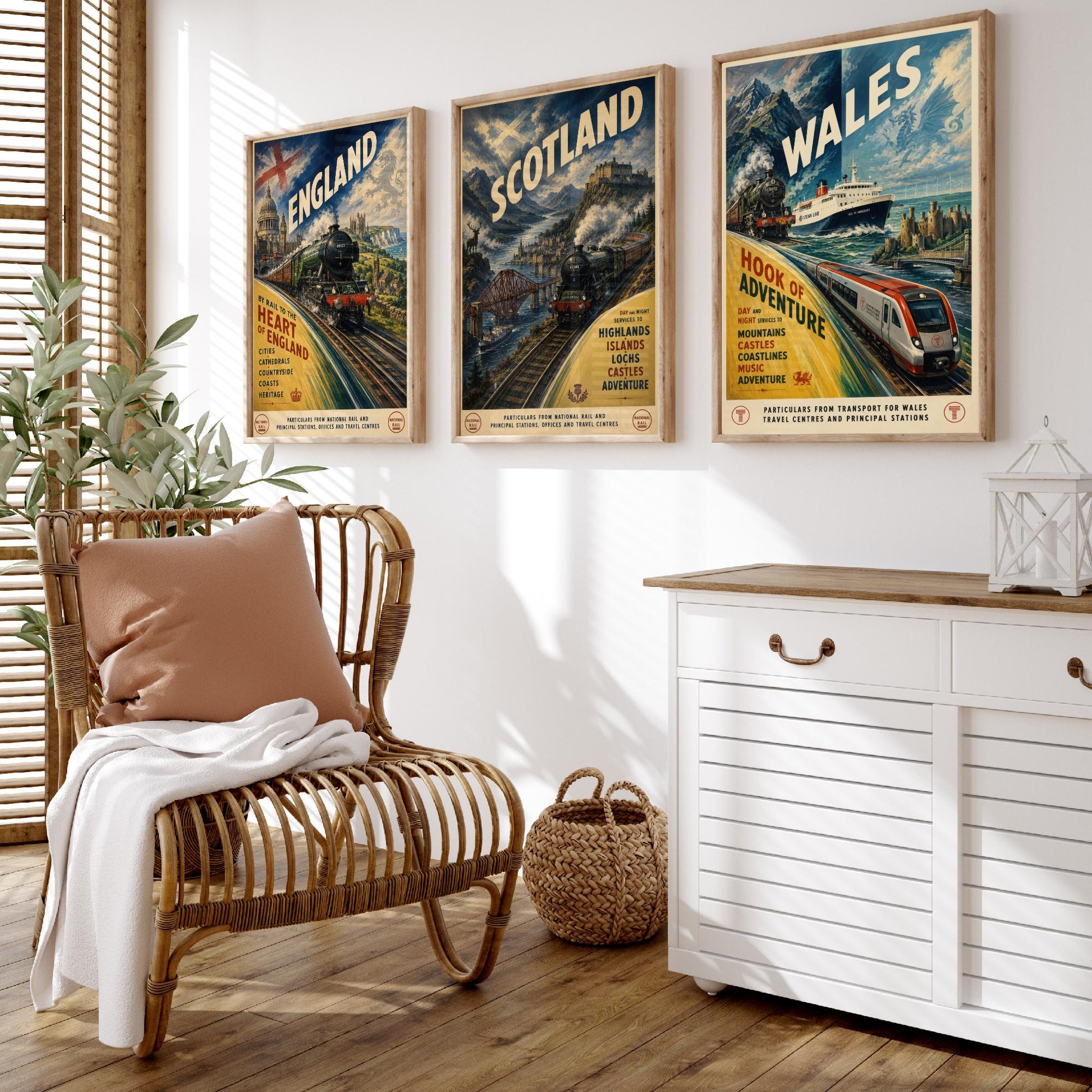 England Scotland Wales Set of Three Art Prints | Vintage Transport Travel Painting Poster