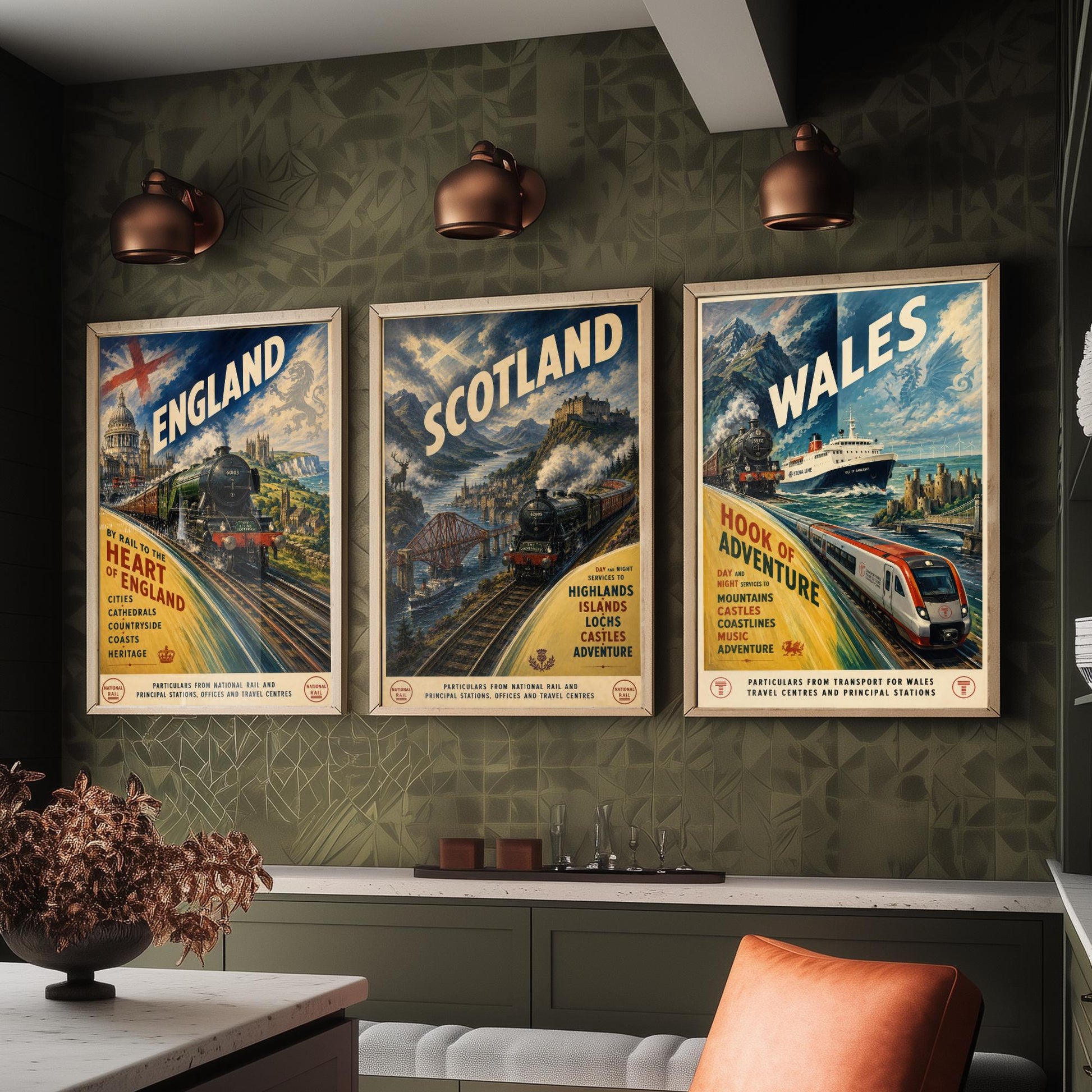 England Scotland Wales Set of Three Art Prints | Vintage Transport Travel Painting Poster