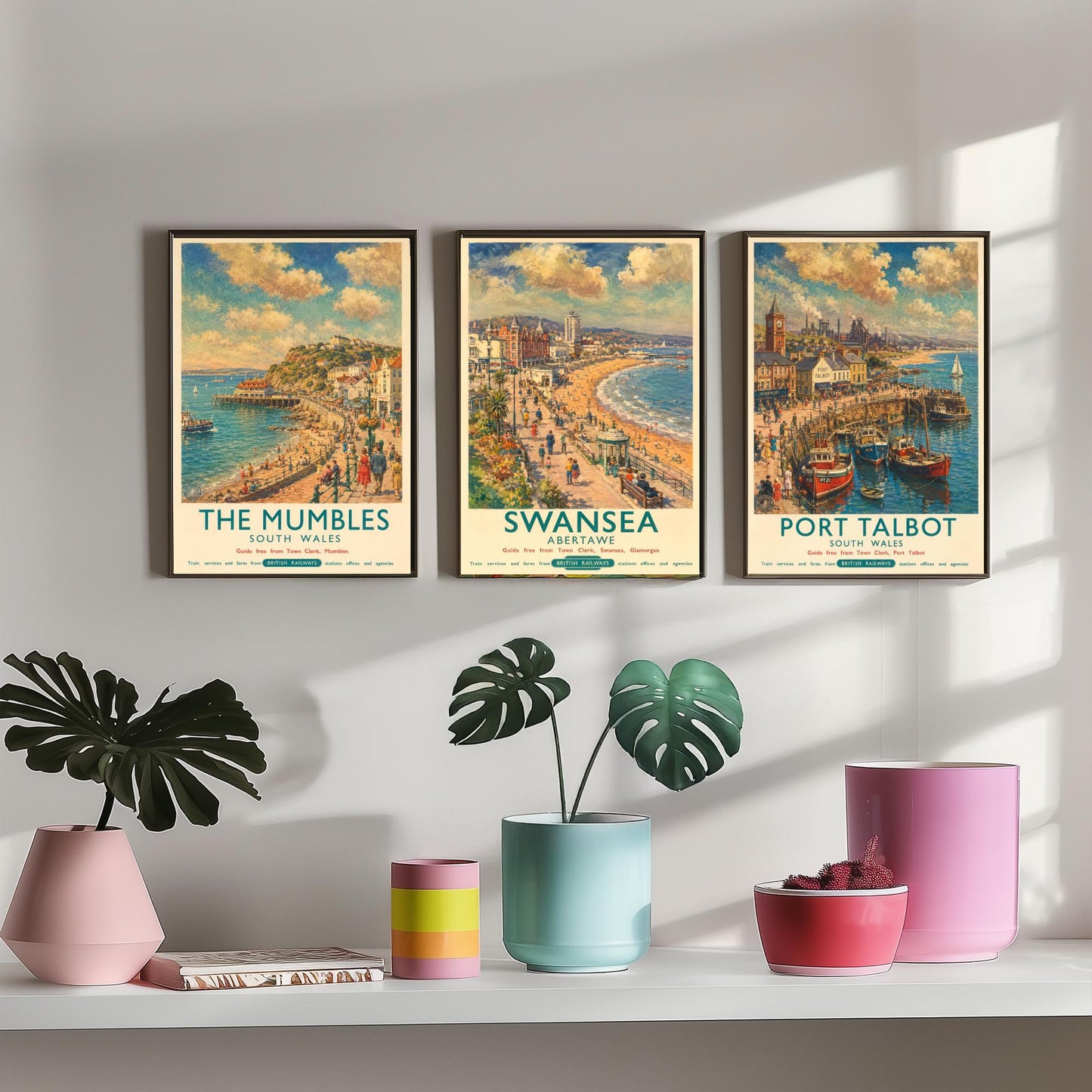 The Mumbles Swansea Port Talbot Set of Three Art Prints | Vintage Wales Seaside Painting Poster