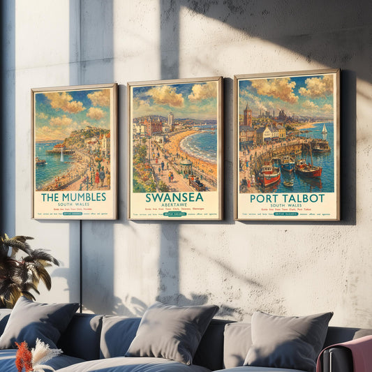 The Mumbles Swansea Port Talbot Set of Three Art Prints | Vintage Wales Seaside Painting Poster
