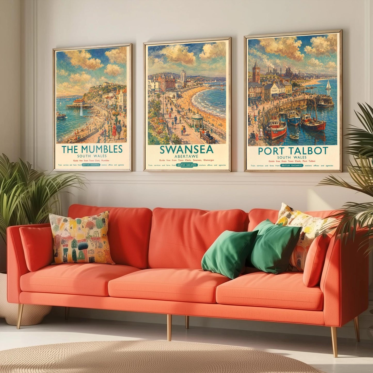 The Mumbles Swansea Port Talbot Set of Three Art Prints | Vintage Wales Seaside Painting Poster