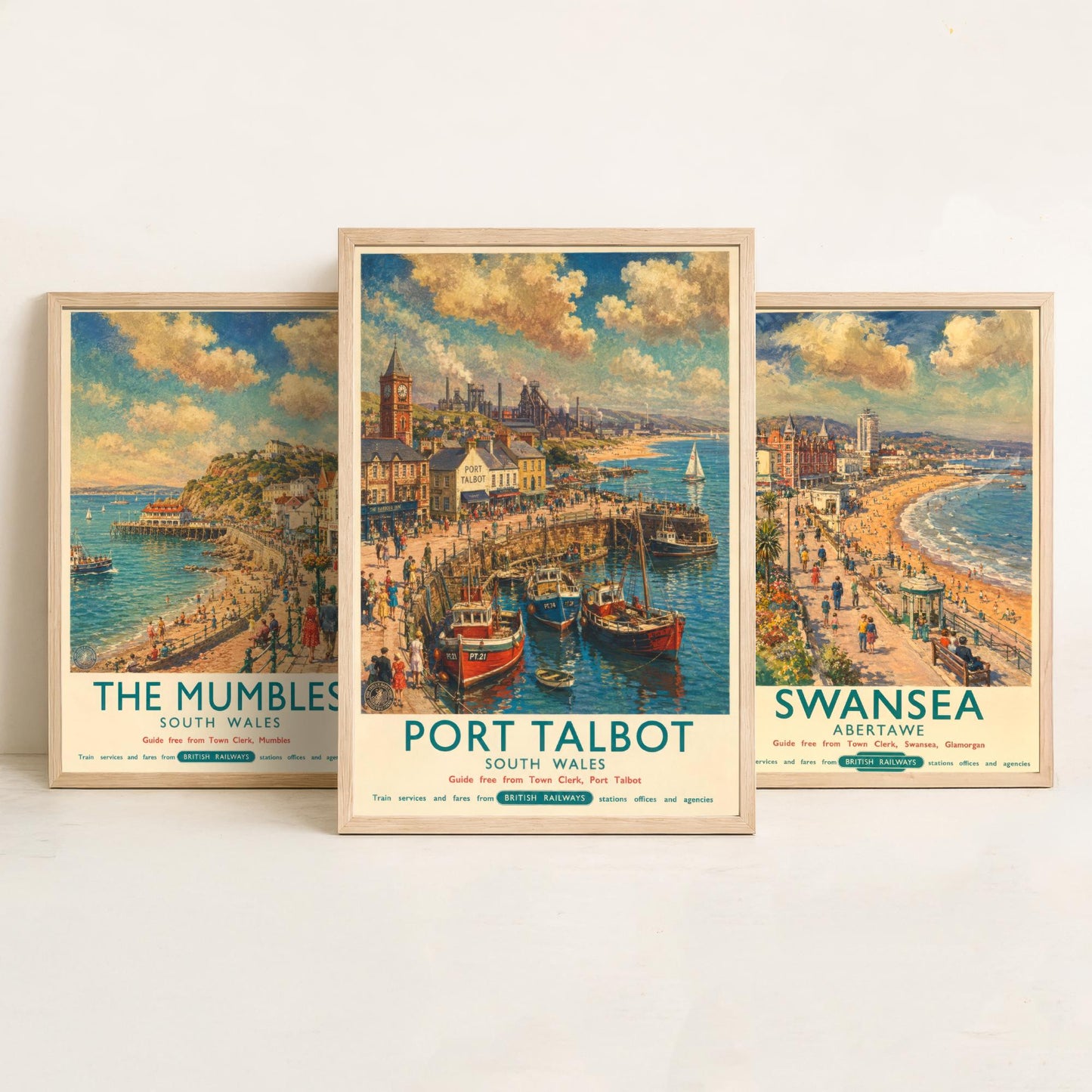 The Mumbles Swansea Port Talbot Set of Three Art Prints | Vintage Wales Seaside Painting Poster