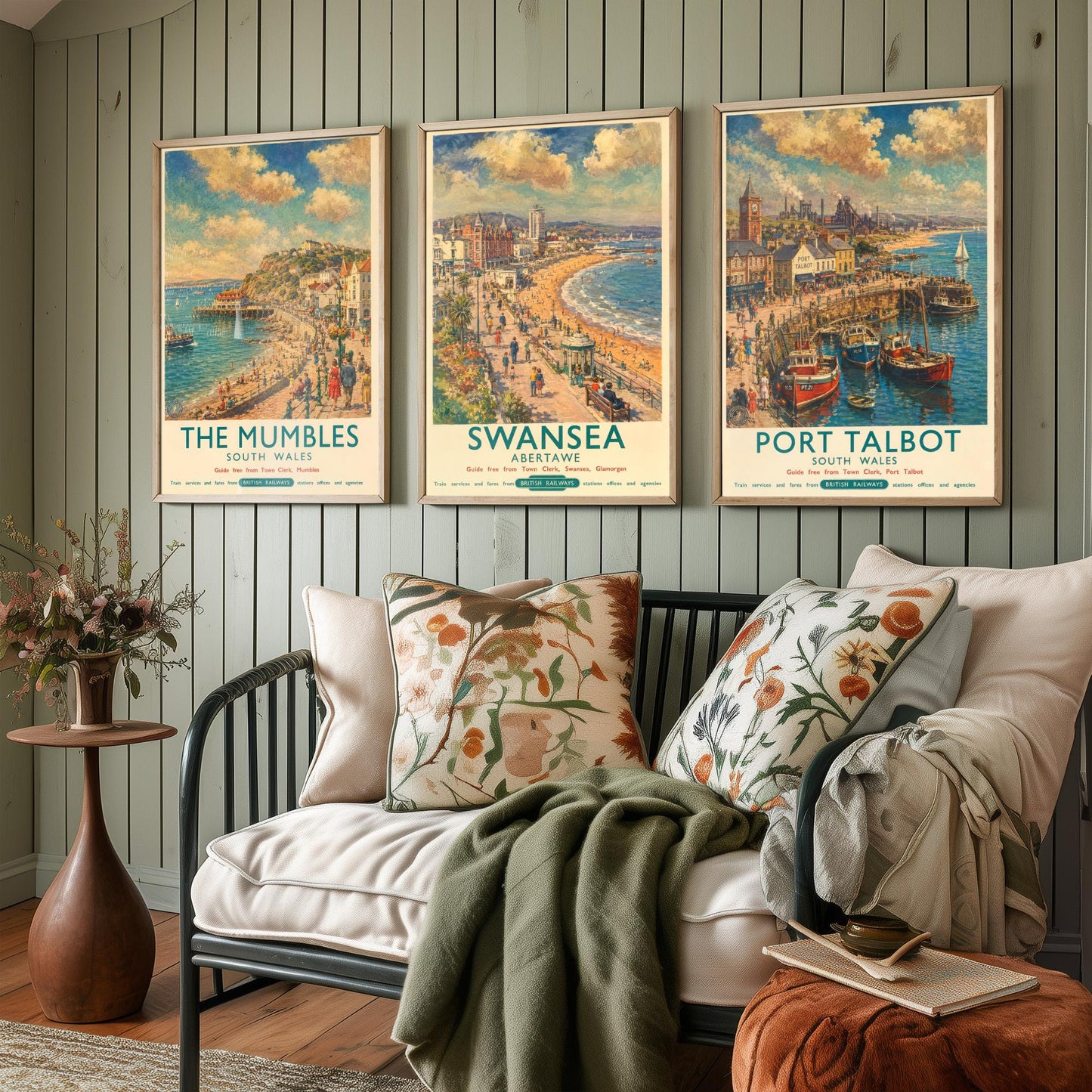 The Mumbles Swansea Port Talbot Set of Three Art Prints | Vintage Wales Seaside Painting Poster