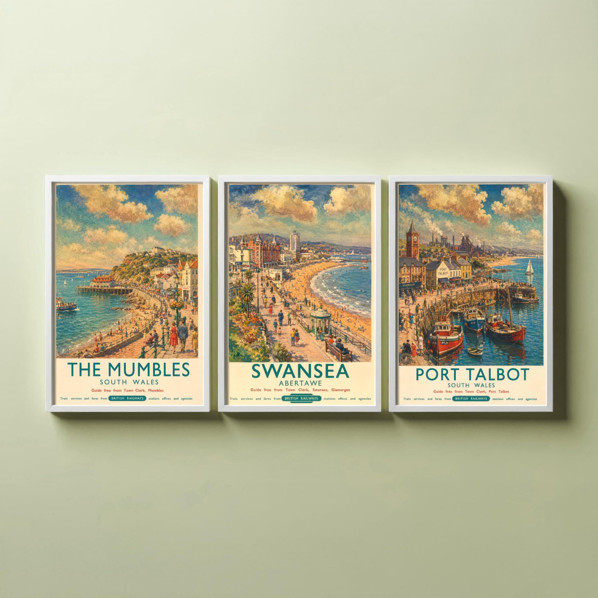 The Mumbles Swansea Port Talbot Set of Three Art Prints | Vintage Wales Seaside Painting Poster