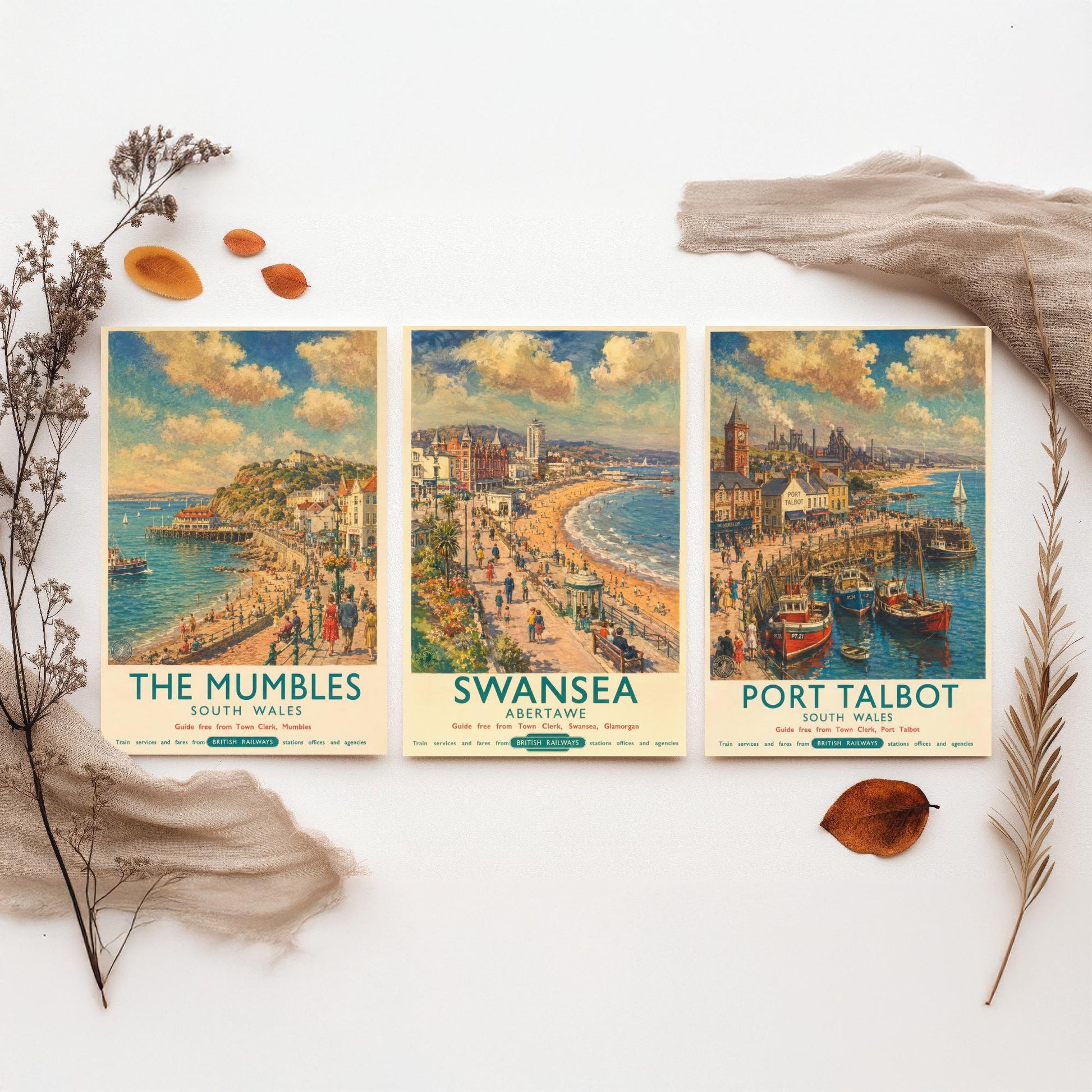 The Mumbles Swansea Port Talbot Set of Three Art Prints | Vintage Wales Seaside Painting Poster