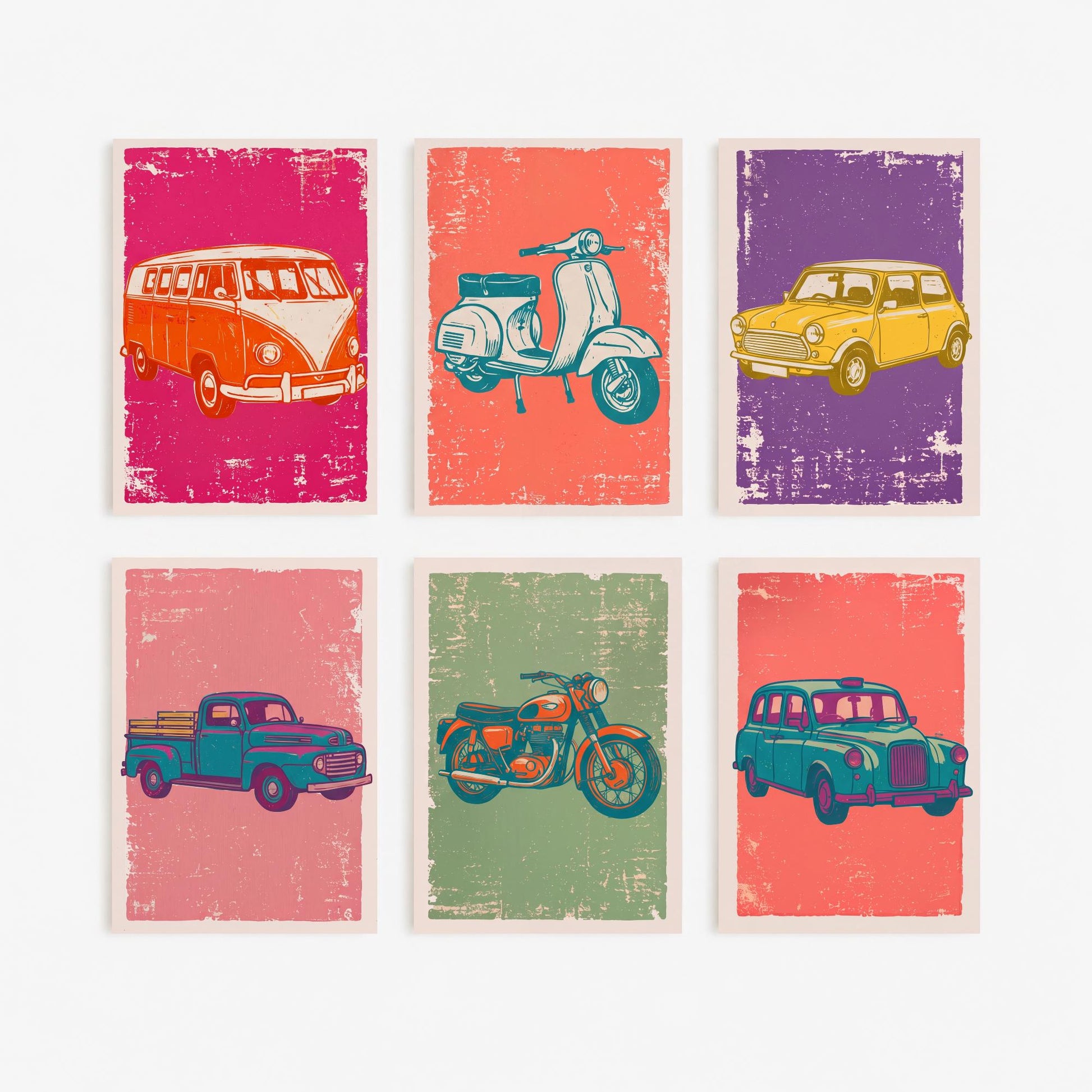 Set of Six Vintage Vehicles Art Prints - 6 Linocut Illustrations - Campervan, Scooter, Classic City Car, Pickup, Motorbike, Taxi - Posters