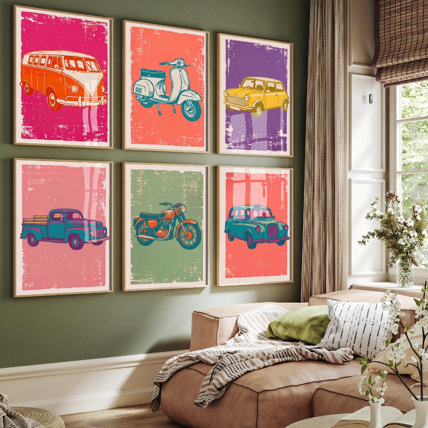 Set of Six Vintage Vehicles Art Prints - 6 Linocut Illustrations - Campervan, Scooter, Classic City Car, Pickup, Motorbike, Taxi - Posters