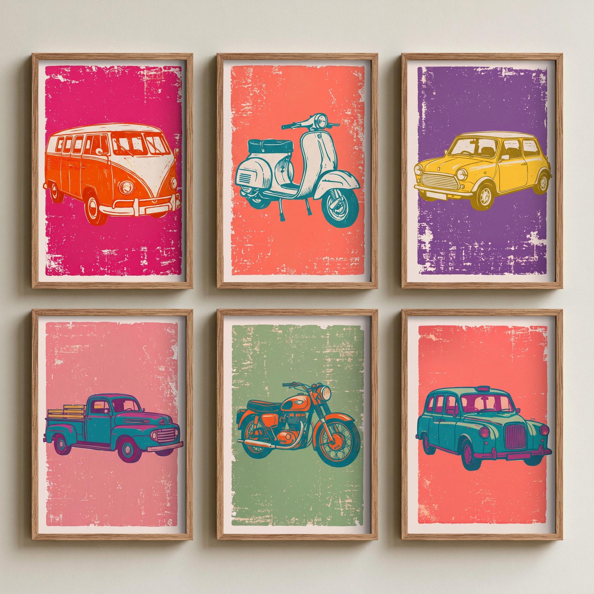 Set of Six Vintage Vehicles Art Prints - 6 Linocut Illustrations - Campervan, Scooter, Classic City Car, Pickup, Motorbike, Taxi - Posters