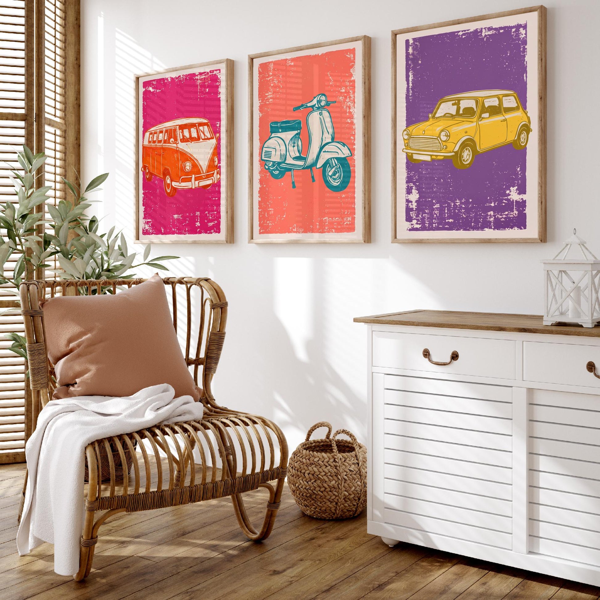 Set of Three Vintage Vehicles Art Prints - Campervan, Scooter, Classic City Car - Linocut Illustrations - Triptych Posters V1