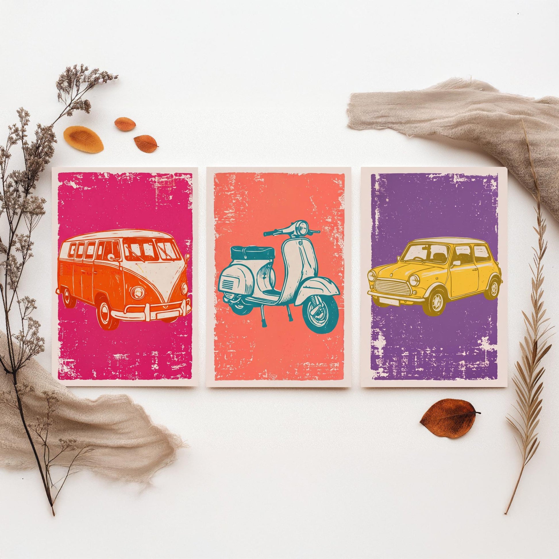 Set of Three Vintage Vehicles Art Prints - Campervan, Scooter, Classic City Car - Linocut Illustrations - Triptych Posters V1