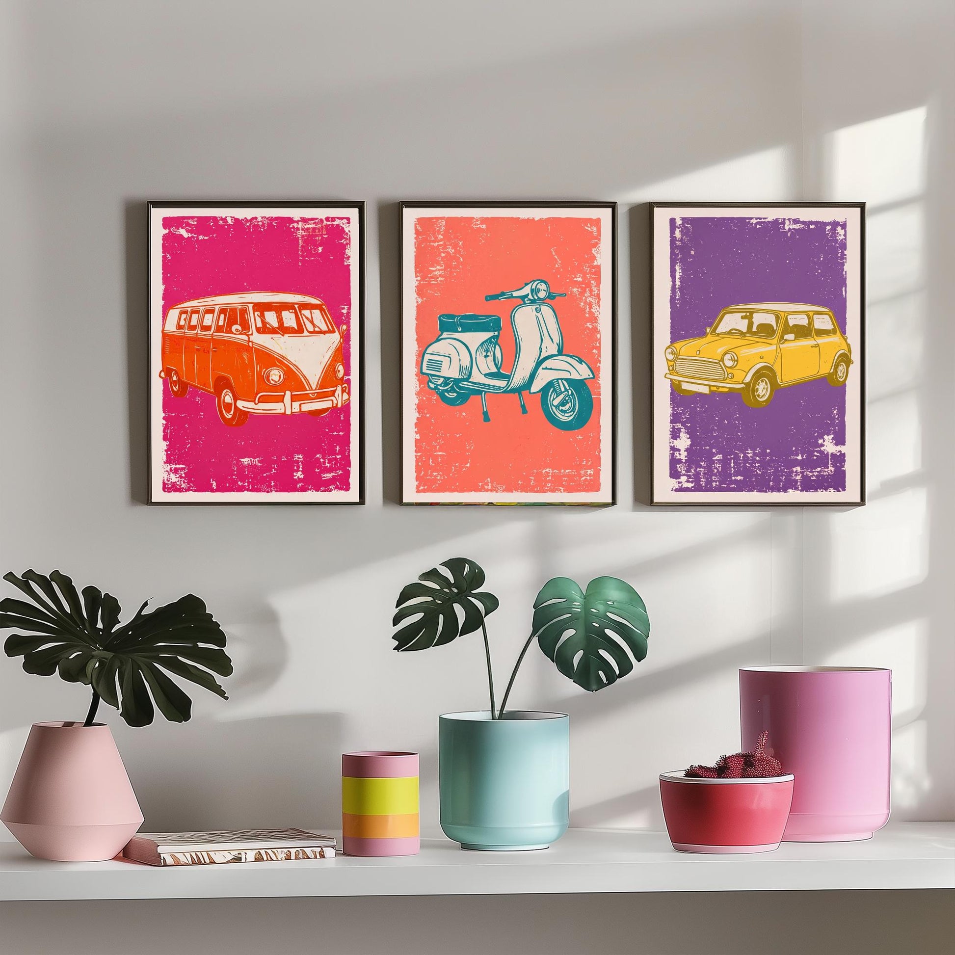 Set of Three Vintage Vehicles Art Prints - Campervan, Scooter, Classic City Car - Linocut Illustrations - Triptych Posters V1