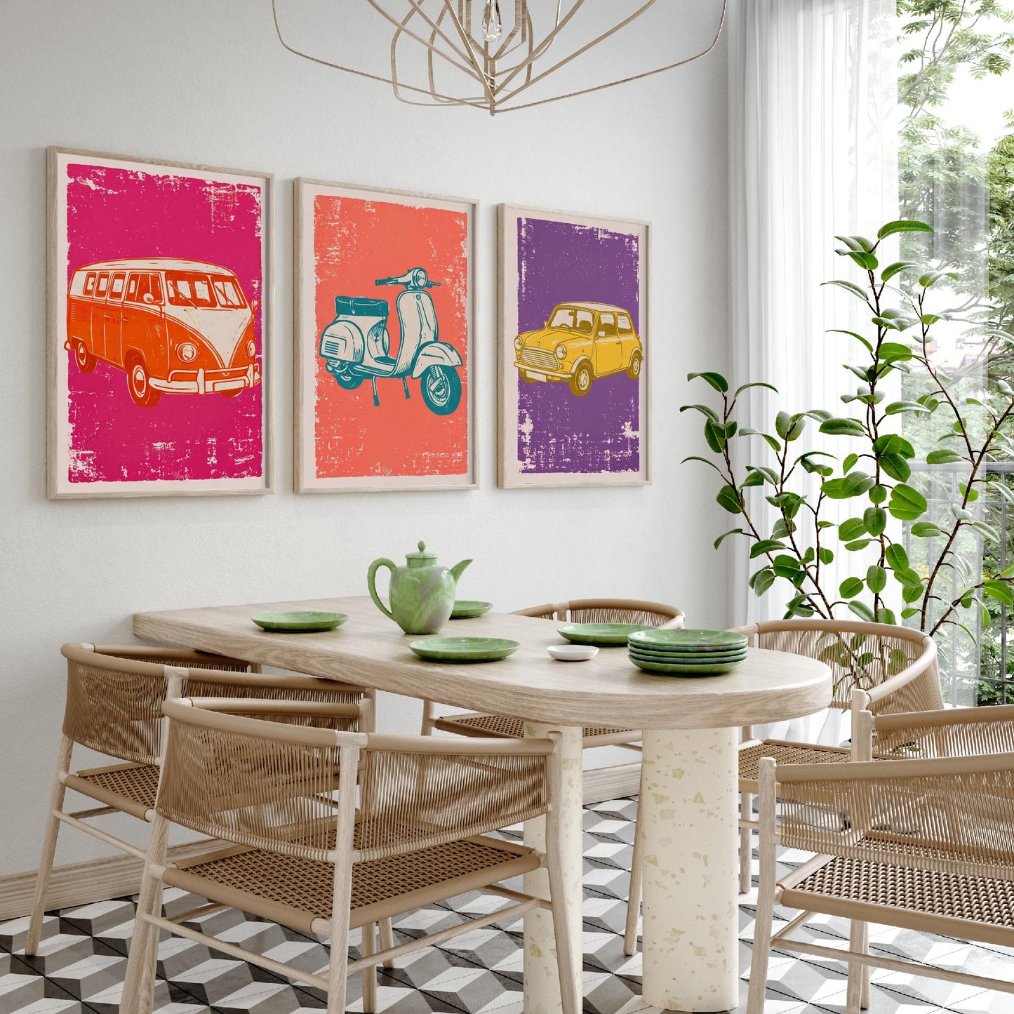 Set of Three Vintage Vehicles Art Prints - Campervan, Scooter, Classic City Car - Linocut Illustrations - Triptych Posters V1
