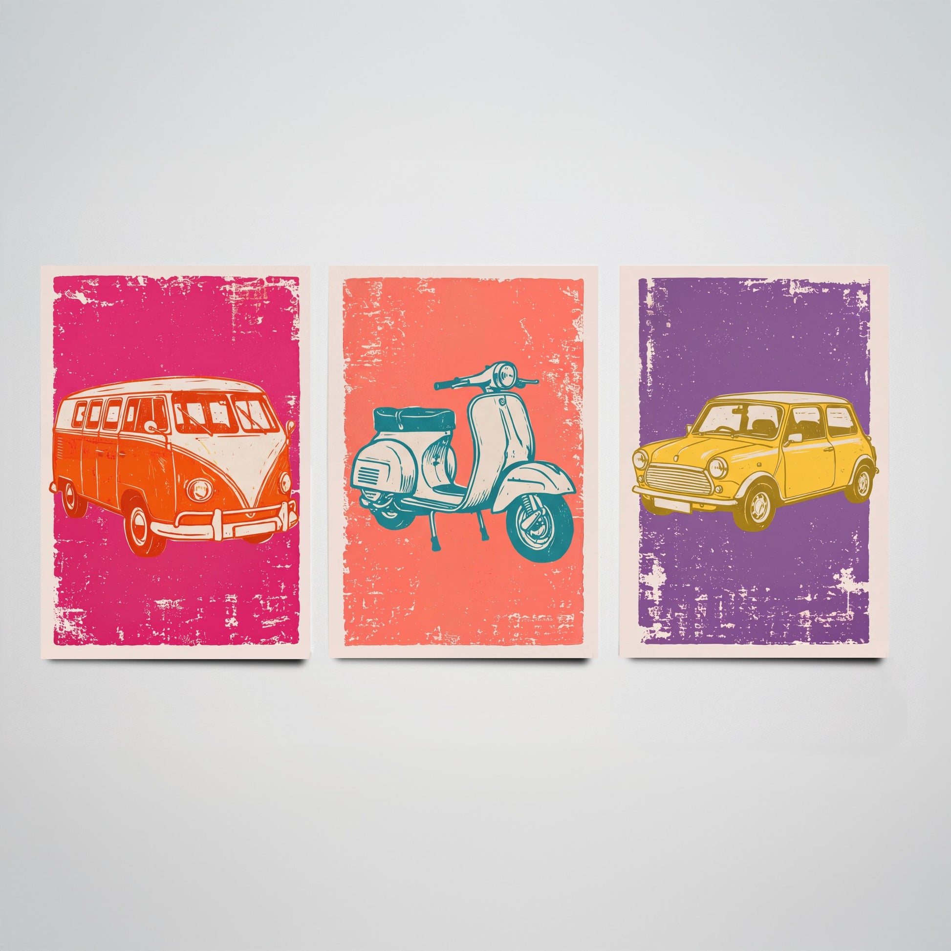 Set of Three Vintage Vehicles Art Prints - Campervan, Scooter, Classic City Car - Linocut Illustrations - Triptych Posters V1