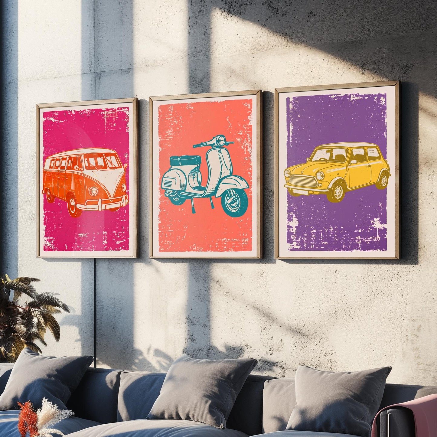 Set of Three Vintage Vehicles Art Prints - Campervan, Scooter, Classic City Car - Linocut Illustrations - Triptych Posters V1