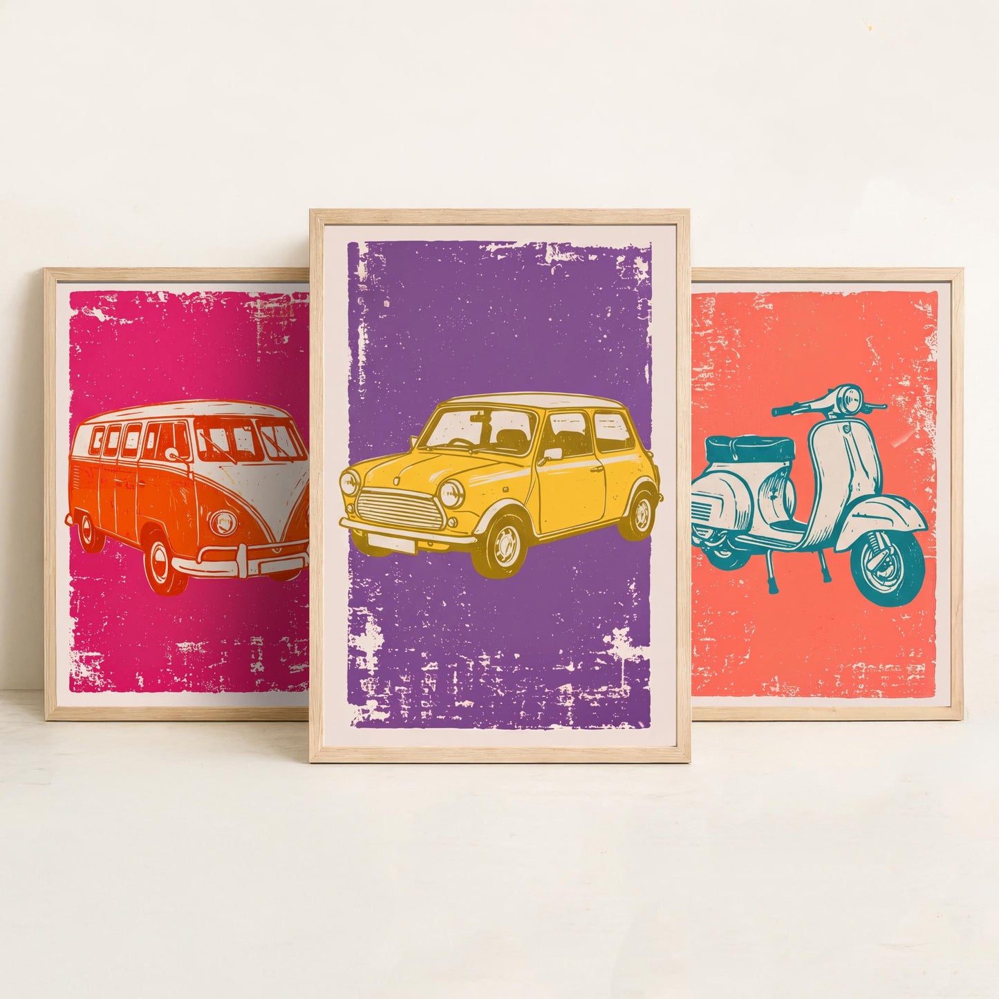 Set of Three Vintage Vehicles Art Prints - Campervan, Scooter, Classic City Car - Linocut Illustrations - Triptych Posters V1