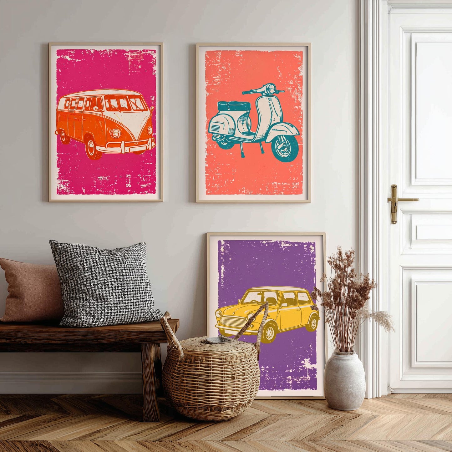 Set of Three Vintage Vehicles Art Prints - Campervan, Scooter, Classic City Car - Linocut Illustrations - Triptych Posters V1
