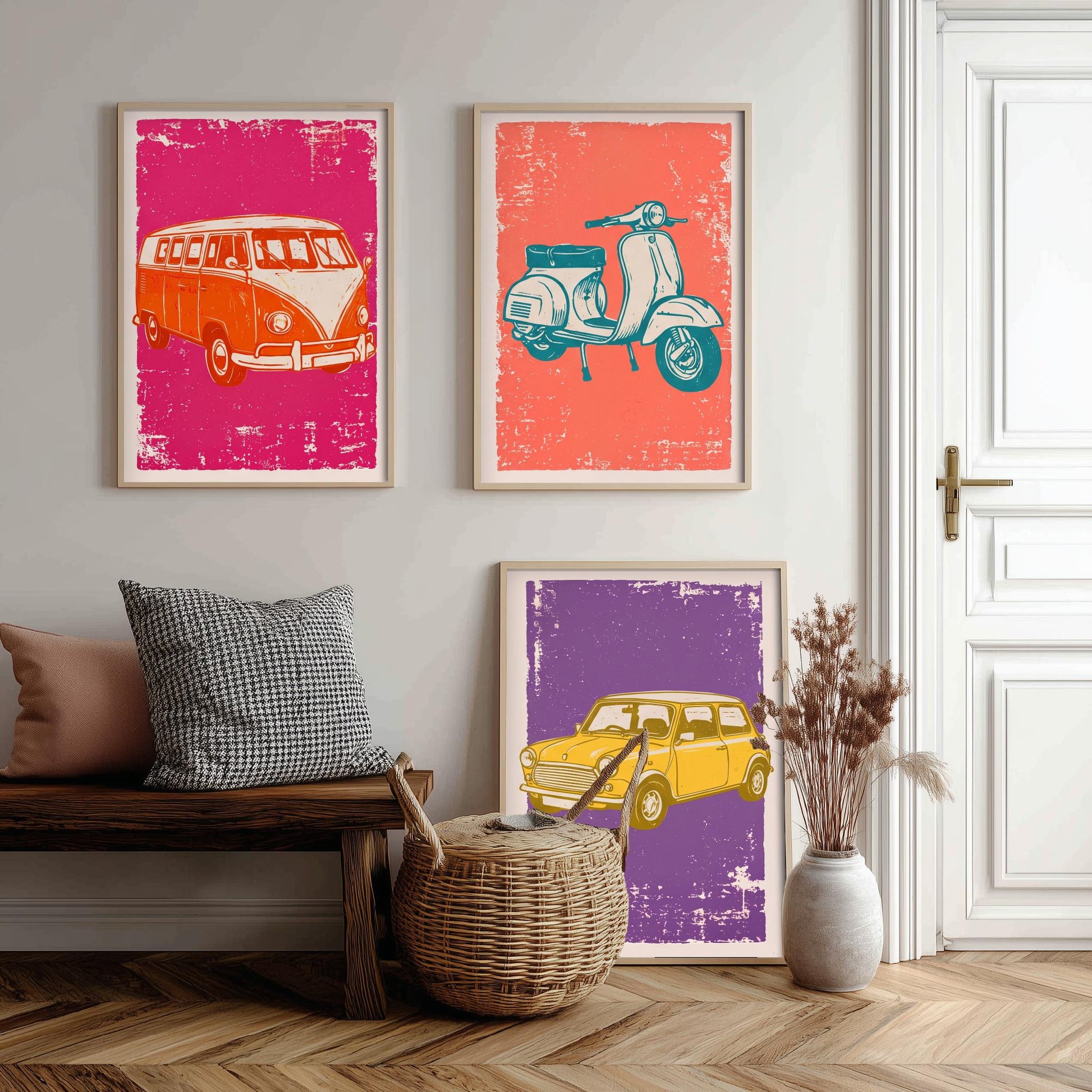 Set of Three Vintage Vehicles Art Prints - Campervan, Scooter, Classic City Car - Linocut Illustrations - Triptych Posters V1