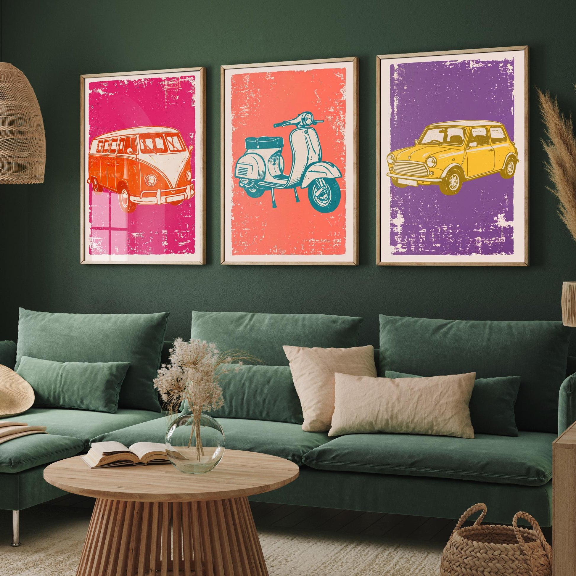 Set of Three Vintage Vehicles Art Prints - Campervan, Scooter, Classic City Car - Linocut Illustrations - Triptych Posters V1