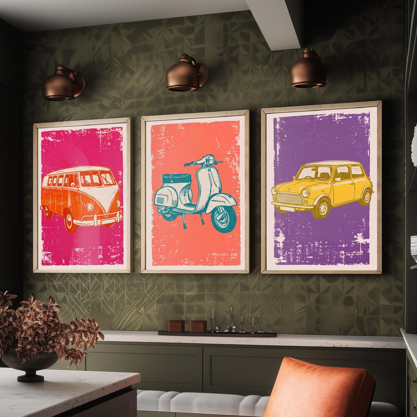 Set of Three Vintage Vehicles Art Prints - Campervan, Scooter, Classic City Car - Linocut Illustrations - Triptych Posters V1