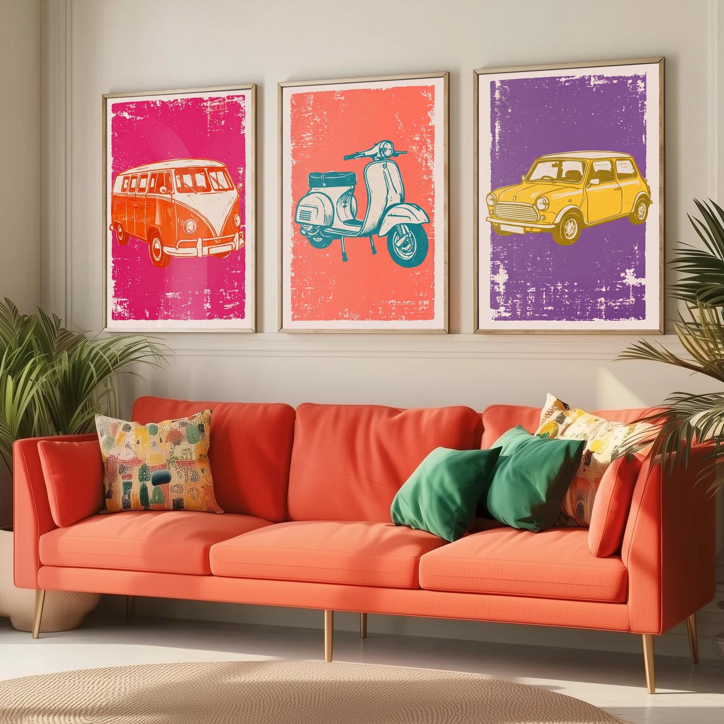 Set of Three Vintage Vehicles Art Prints - Campervan, Scooter, Classic City Car - Linocut Illustrations - Triptych Posters V1