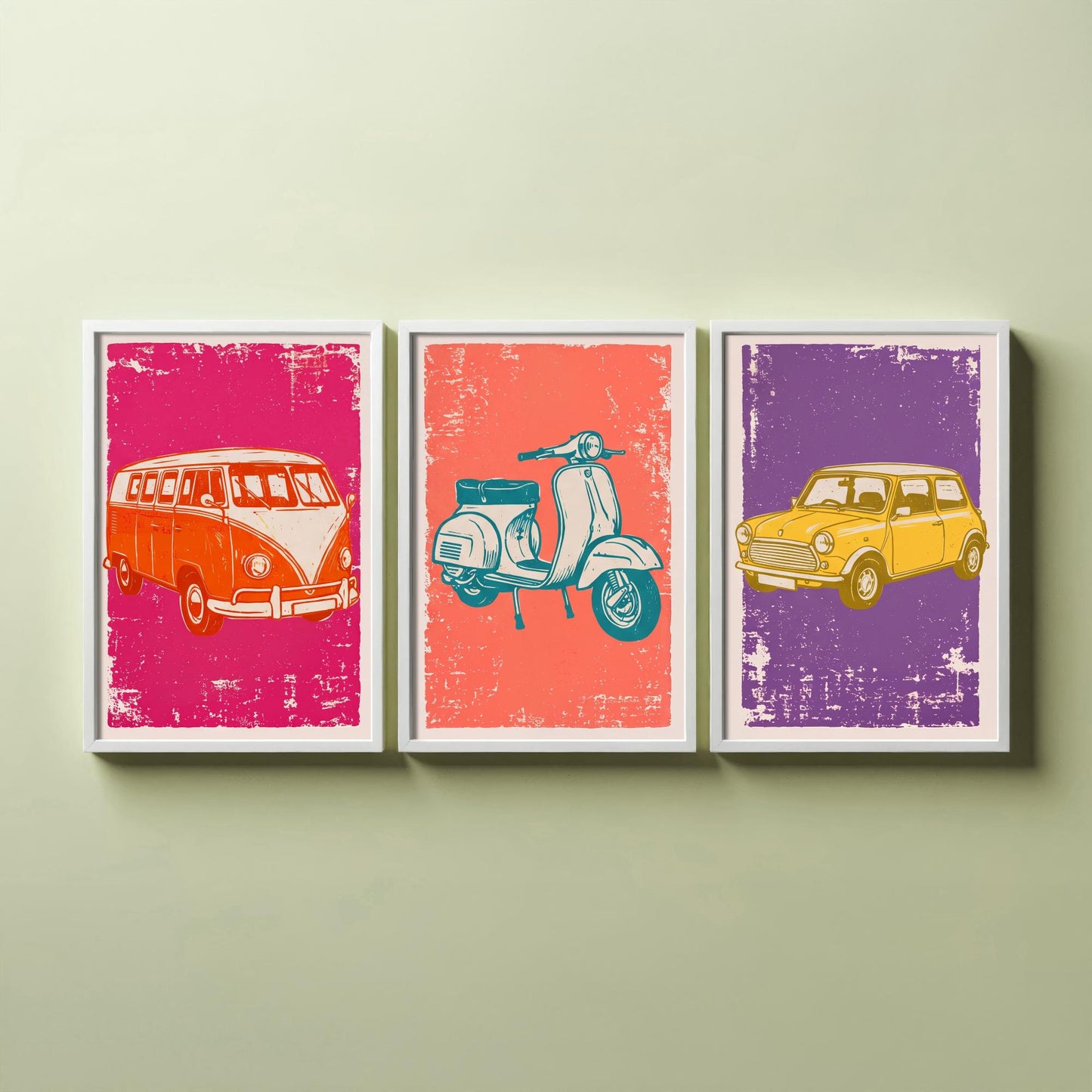 Set of Three Vintage Vehicles Art Prints - Campervan, Scooter, Classic City Car - Linocut Illustrations - Triptych Posters V1