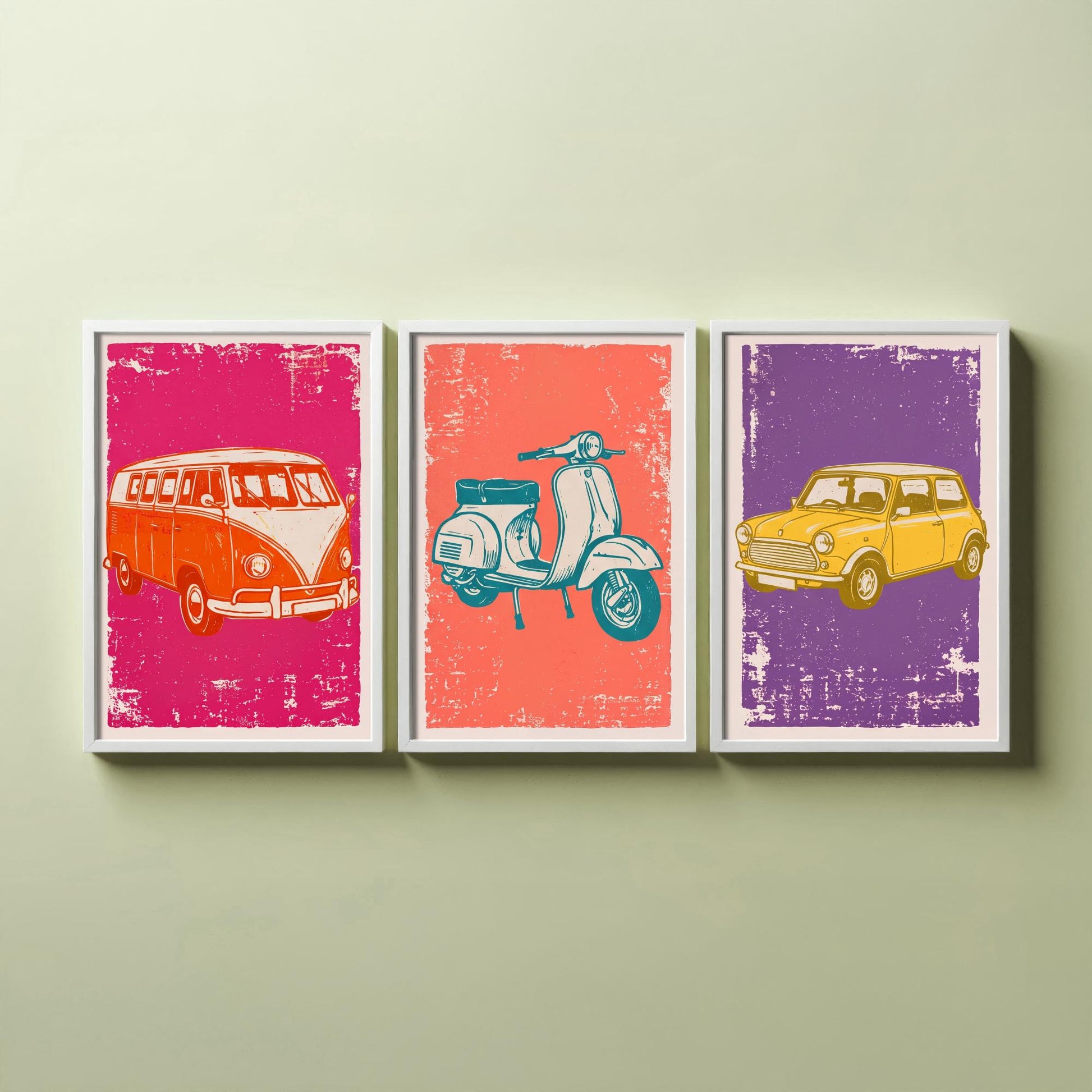 Set of Three Vintage Vehicles Art Prints - Campervan, Scooter, Classic City Car - Linocut Illustrations - Triptych Posters V1