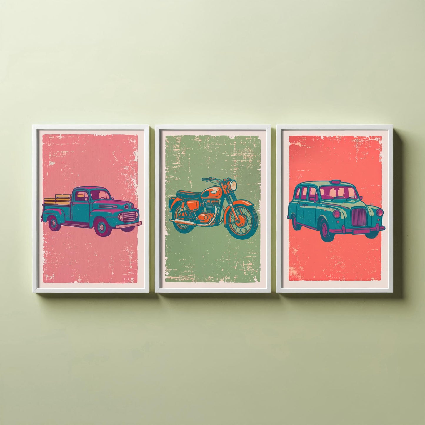 Set of Three Vintage Vehicles Art Prints - Pickup Truck, Motorbike, London Taxi - Linocut Illustrations - Triptych Posters V2