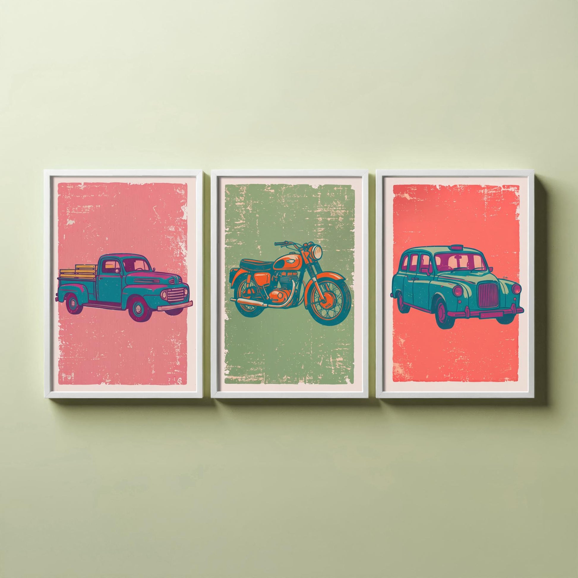 Set of Three Vintage Vehicles Art Prints - Pickup Truck, Motorbike, London Taxi - Linocut Illustrations - Triptych Posters V2