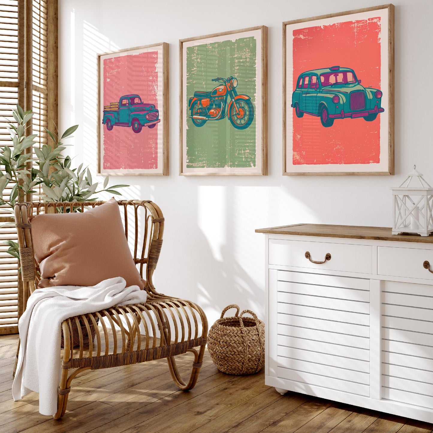 Set of Three Vintage Vehicles Art Prints - Pickup Truck, Motorbike, London Taxi - Linocut Illustrations - Triptych Posters V2
