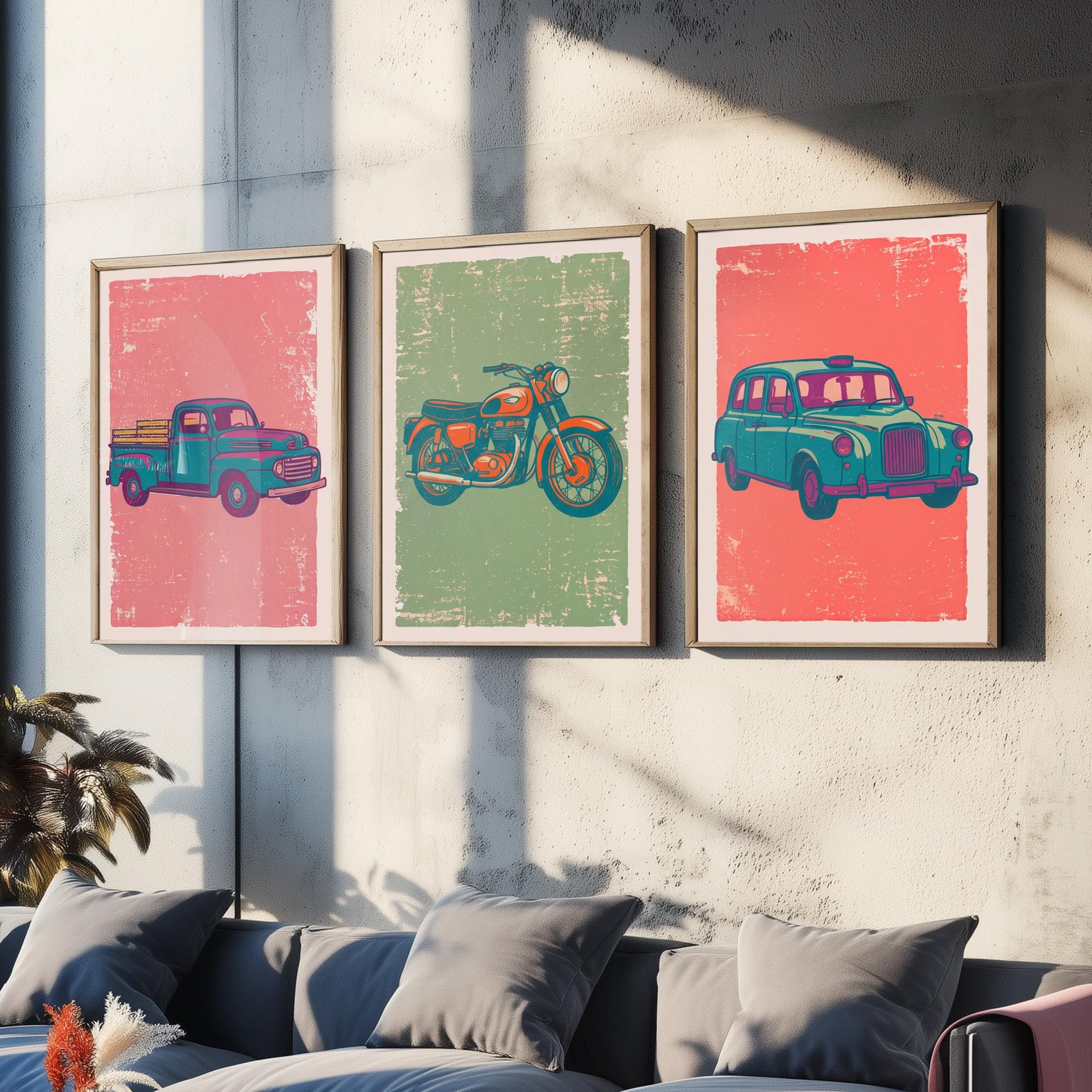 Set of Three Vintage Vehicles Art Prints - Pickup Truck, Motorbike, London Taxi - Linocut Illustrations - Triptych Posters V2