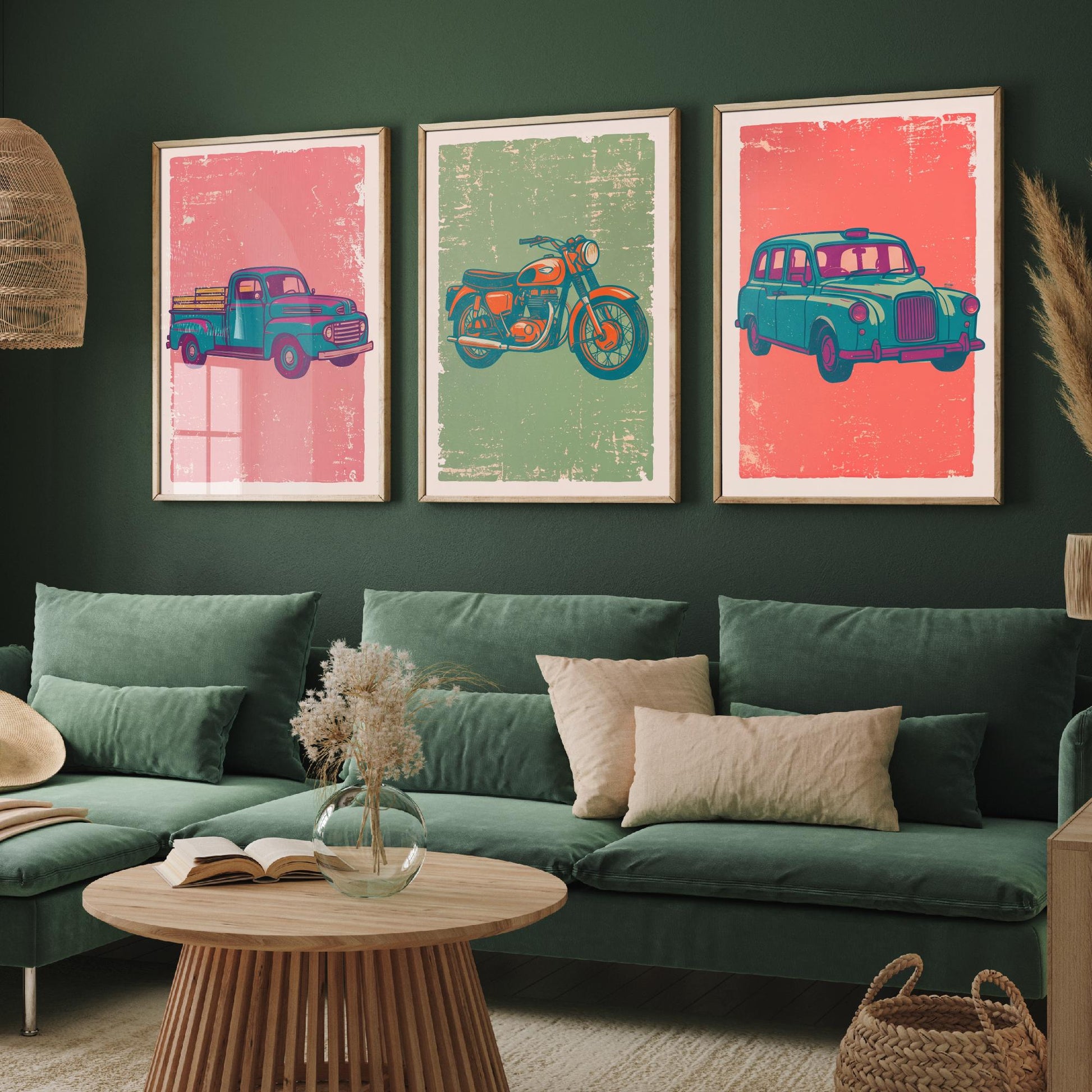 Set of Three Vintage Vehicles Art Prints - Pickup Truck, Motorbike, London Taxi - Linocut Illustrations - Triptych Posters V2