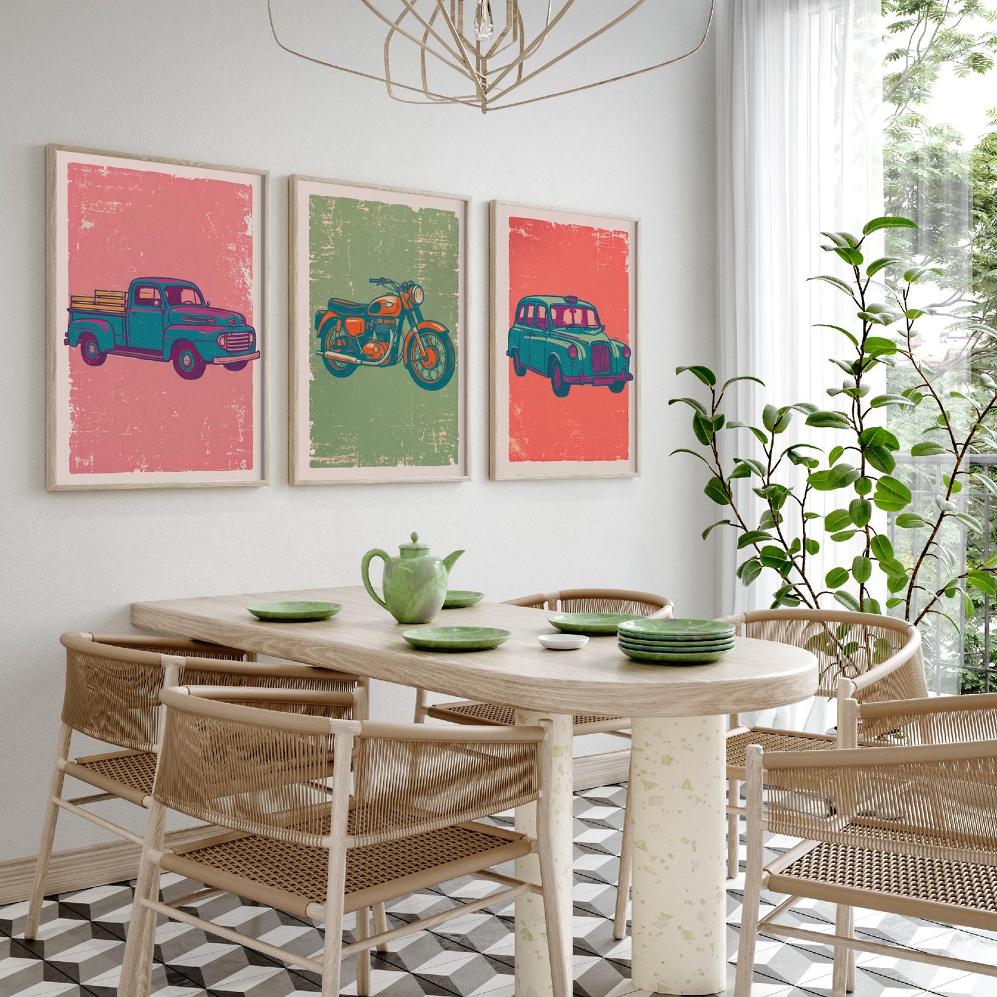 Set of Three Vintage Vehicles Art Prints - Pickup Truck, Motorbike, London Taxi - Linocut Illustrations - Triptych Posters V2