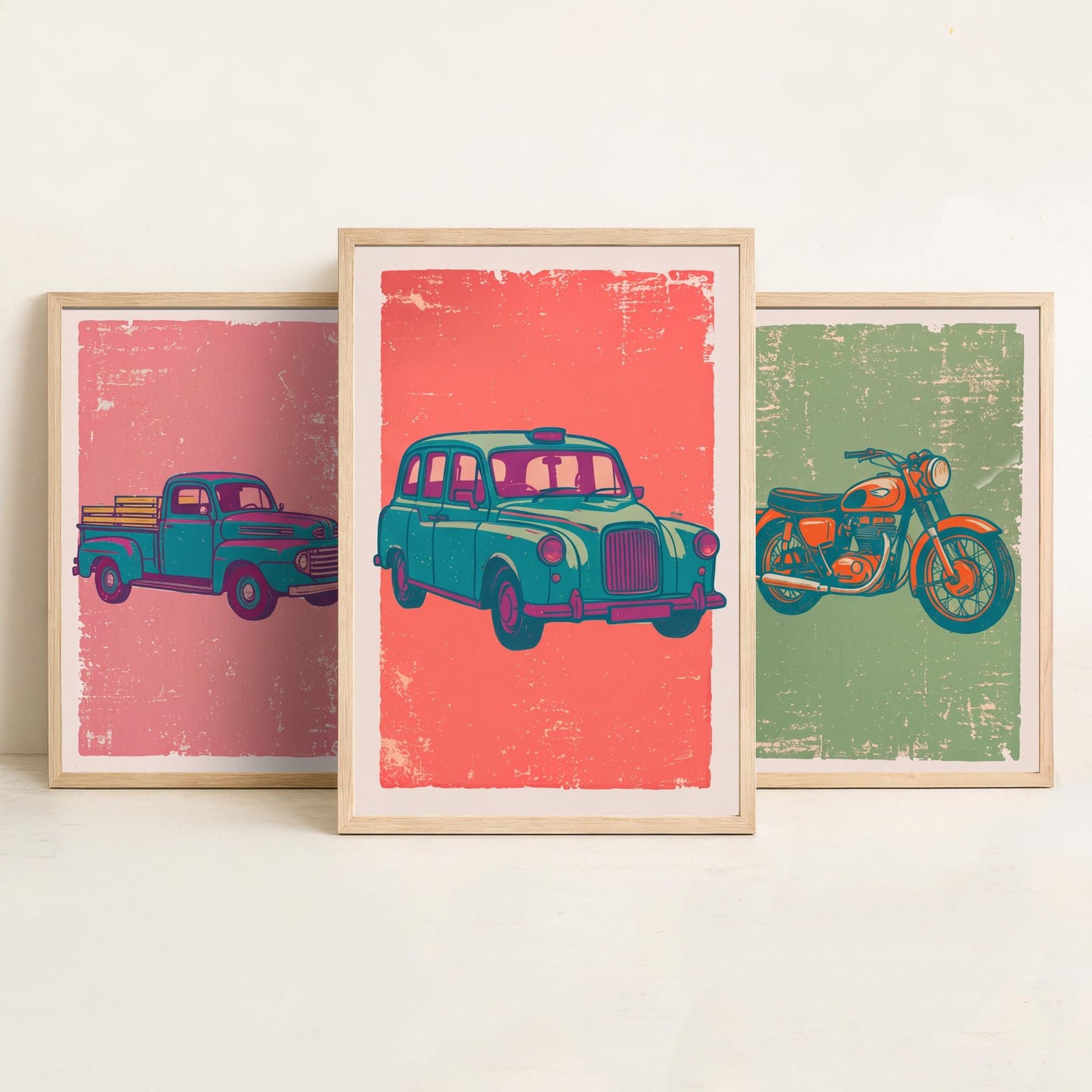 Set of Three Vintage Vehicles Art Prints - Pickup Truck, Motorbike, London Taxi - Linocut Illustrations - Triptych Posters V2