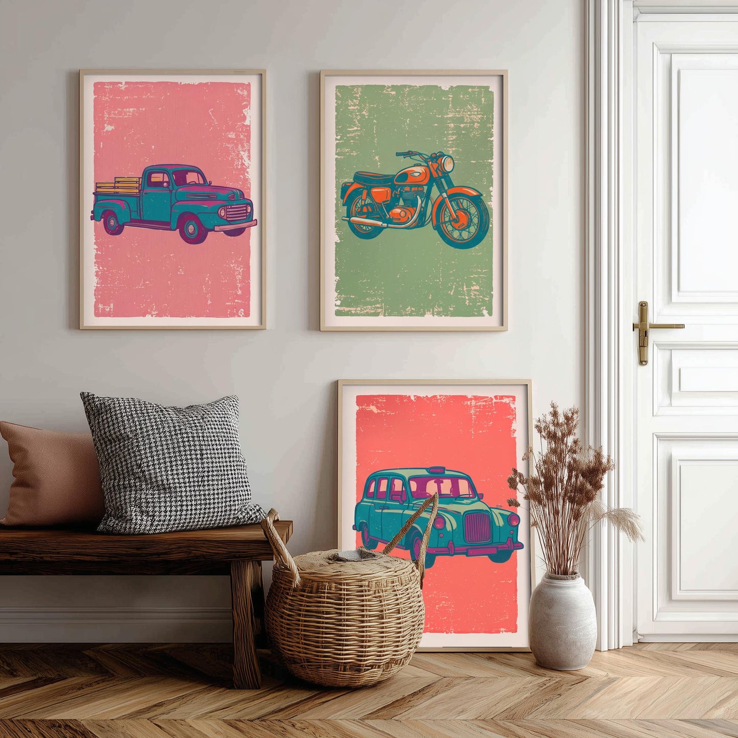 Set of Three Vintage Vehicles Art Prints - Pickup Truck, Motorbike, London Taxi - Linocut Illustrations - Triptych Posters V2