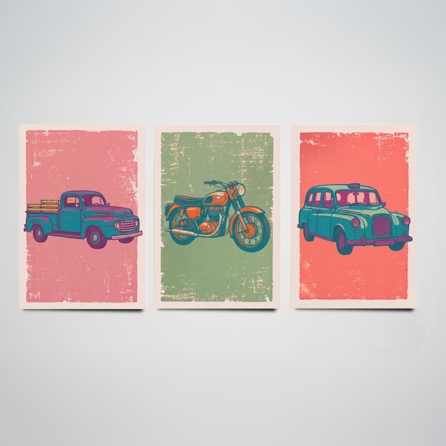 Set of Three Vintage Vehicles Art Prints - Pickup Truck, Motorbike, London Taxi - Linocut Illustrations - Triptych Posters V2