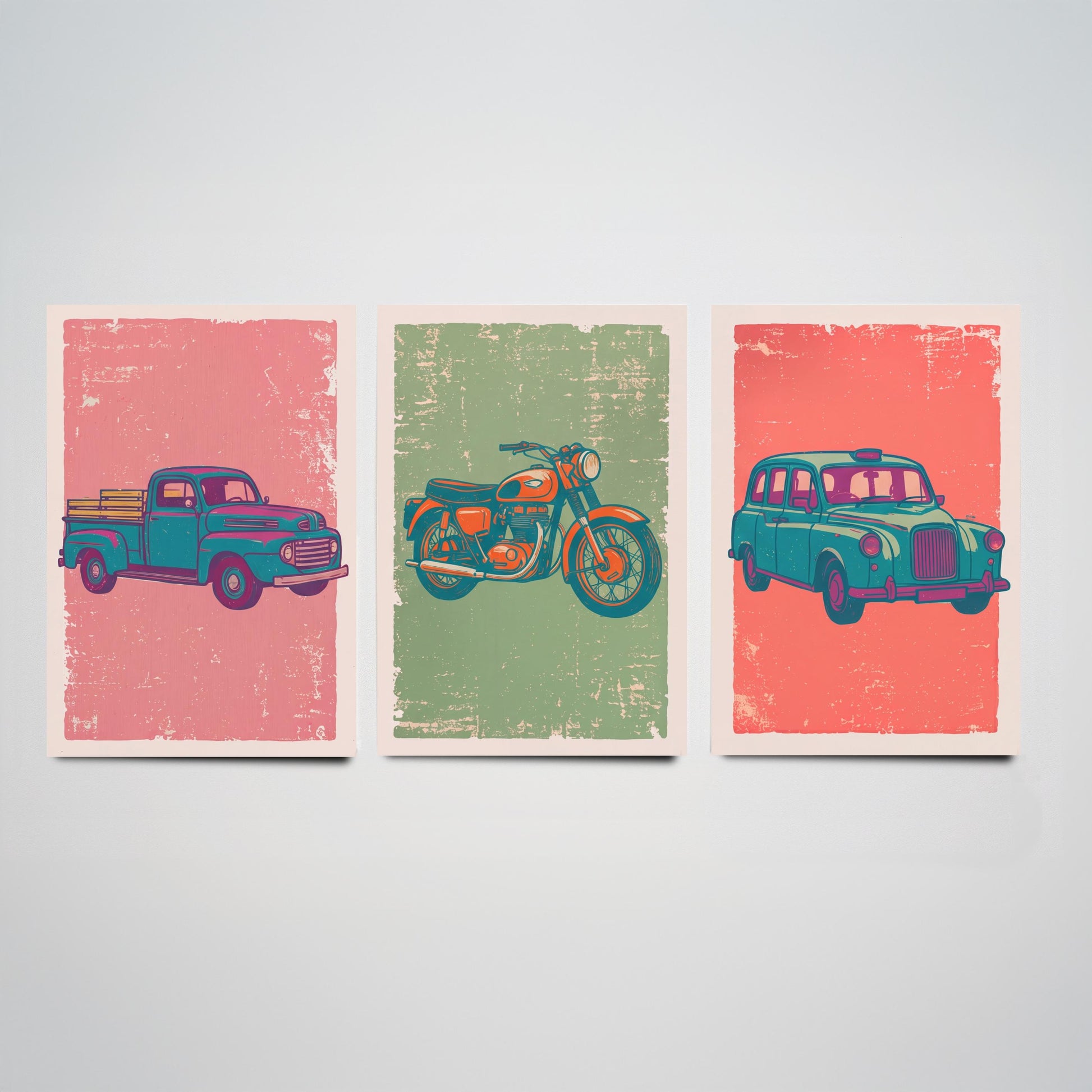 Set of Three Vintage Vehicles Art Prints - Pickup Truck, Motorbike, London Taxi - Linocut Illustrations - Triptych Posters V2