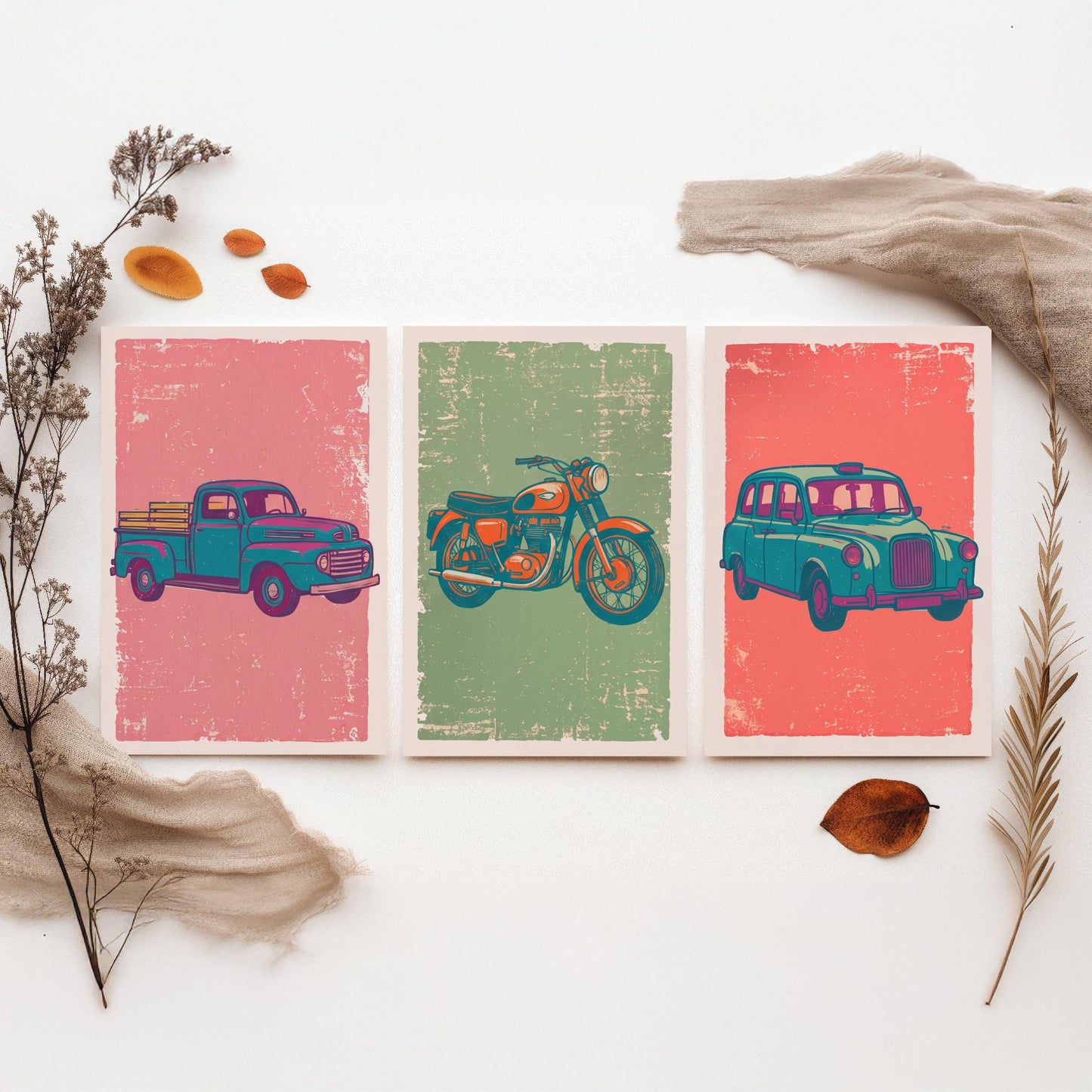 Set of Three Vintage Vehicles Art Prints - Pickup Truck, Motorbike, London Taxi - Linocut Illustrations - Triptych Posters V2