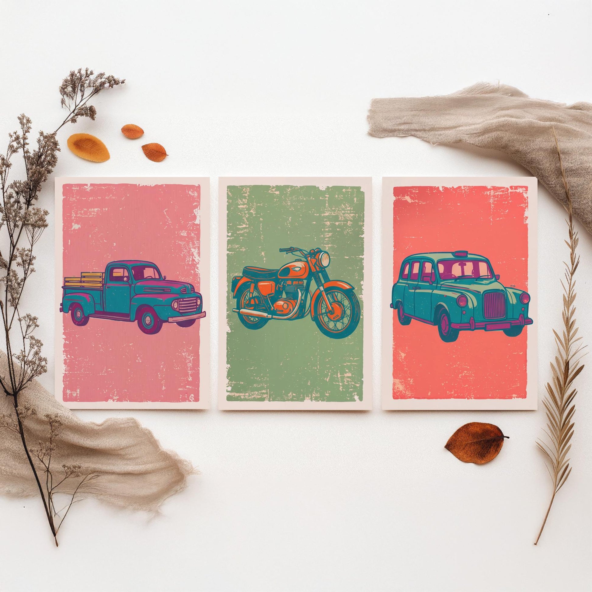 Set of Three Vintage Vehicles Art Prints - Pickup Truck, Motorbike, London Taxi - Linocut Illustrations - Triptych Posters V2