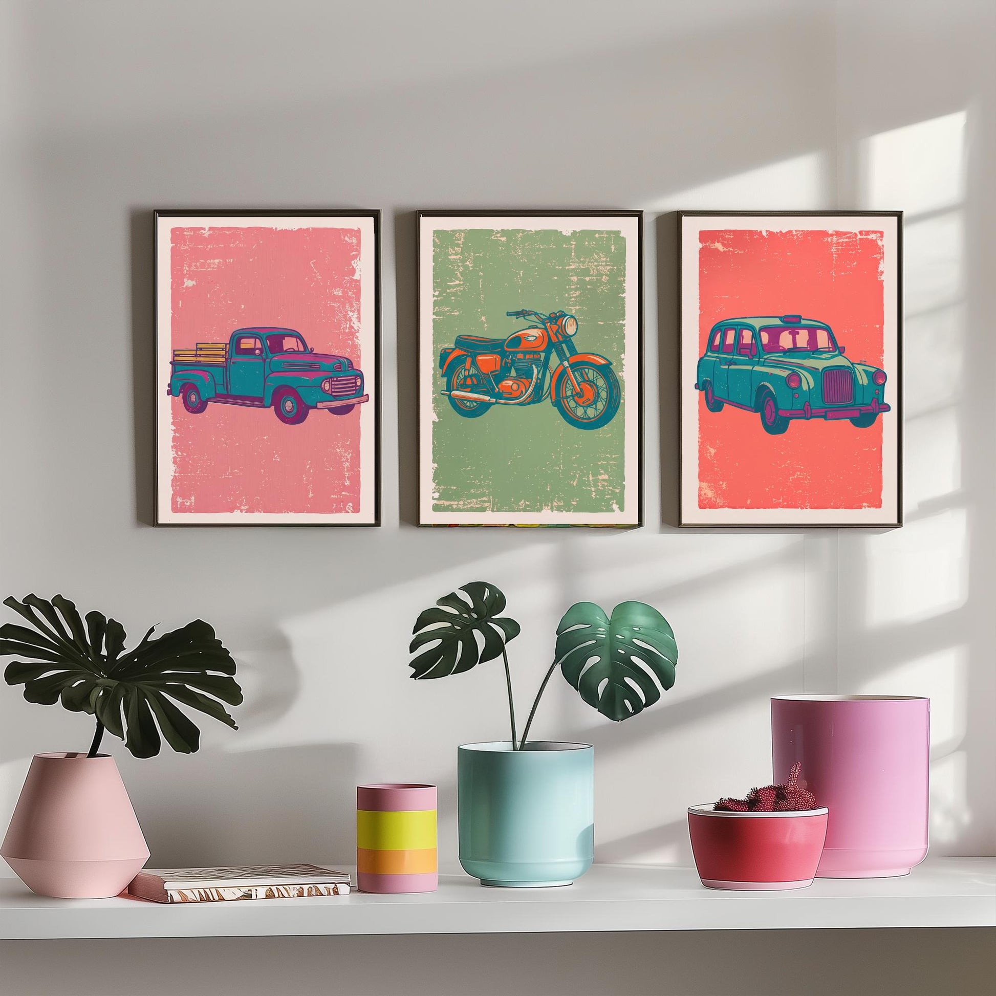 Set of Three Vintage Vehicles Art Prints - Pickup Truck, Motorbike, London Taxi - Linocut Illustrations - Triptych Posters V2