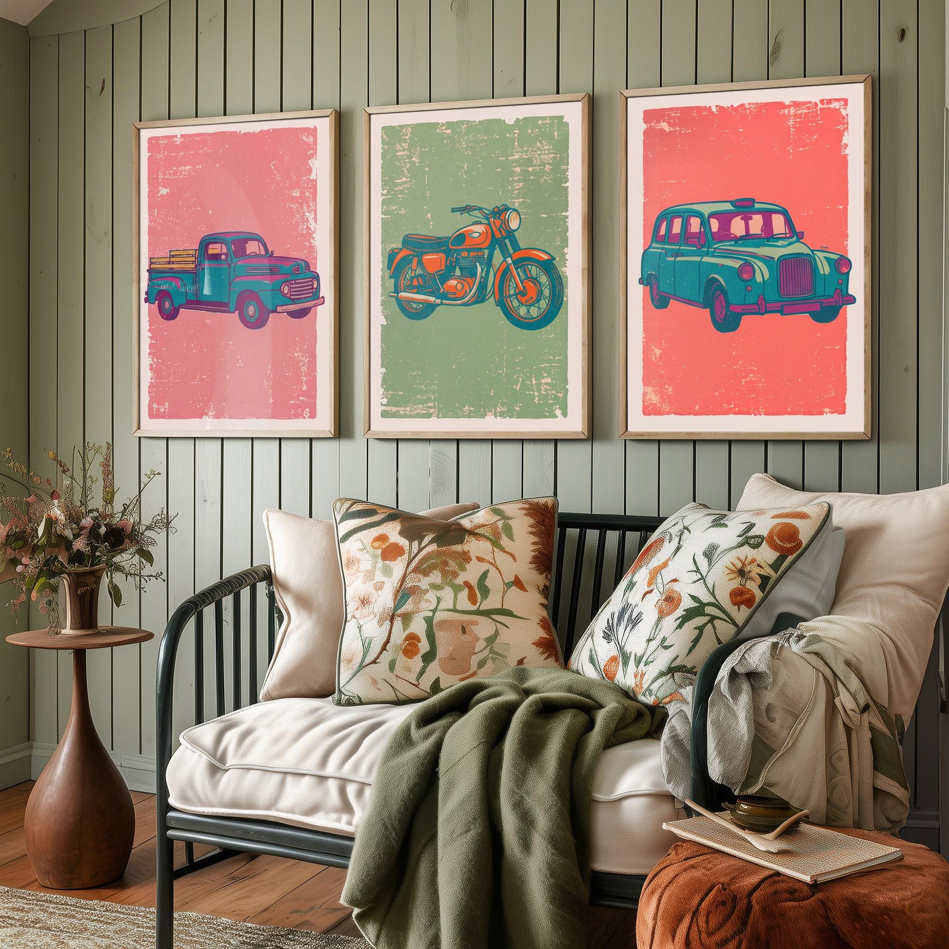 Set of Three Vintage Vehicles Art Prints - Pickup Truck, Motorbike, London Taxi - Linocut Illustrations - Triptych Posters V2