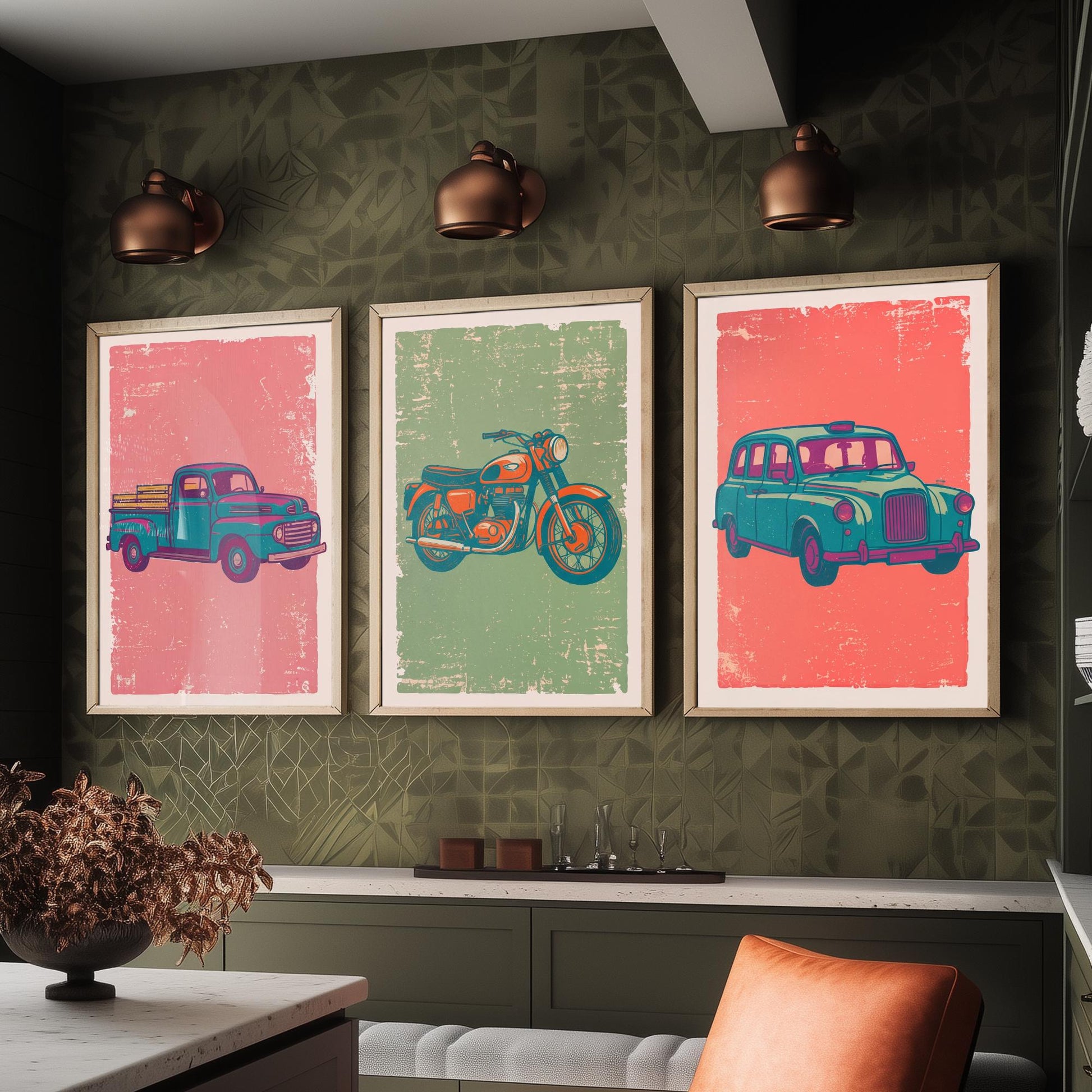 Set of Three Vintage Vehicles Art Prints - Pickup Truck, Motorbike, London Taxi - Linocut Illustrations - Triptych Posters V2