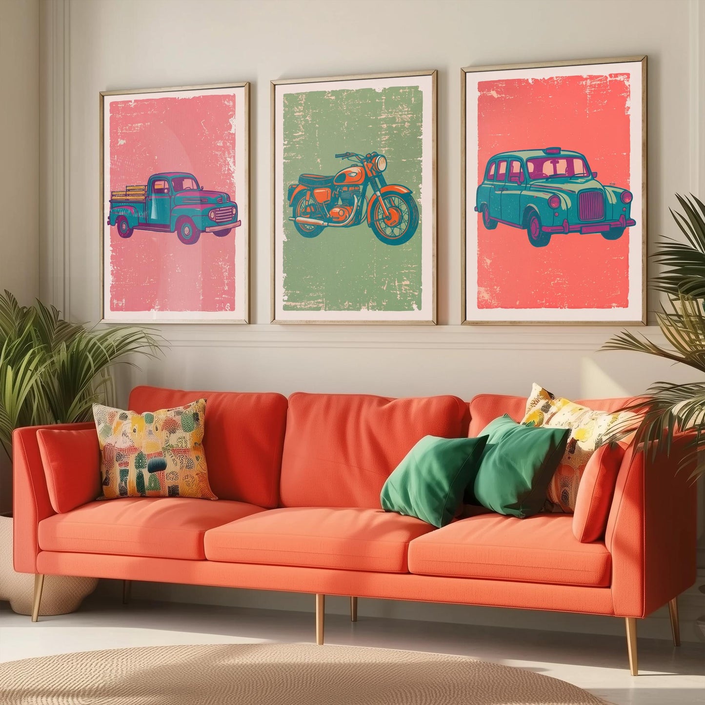 Set of Three Vintage Vehicles Art Prints - Pickup Truck, Motorbike, London Taxi - Linocut Illustrations - Triptych Posters V2