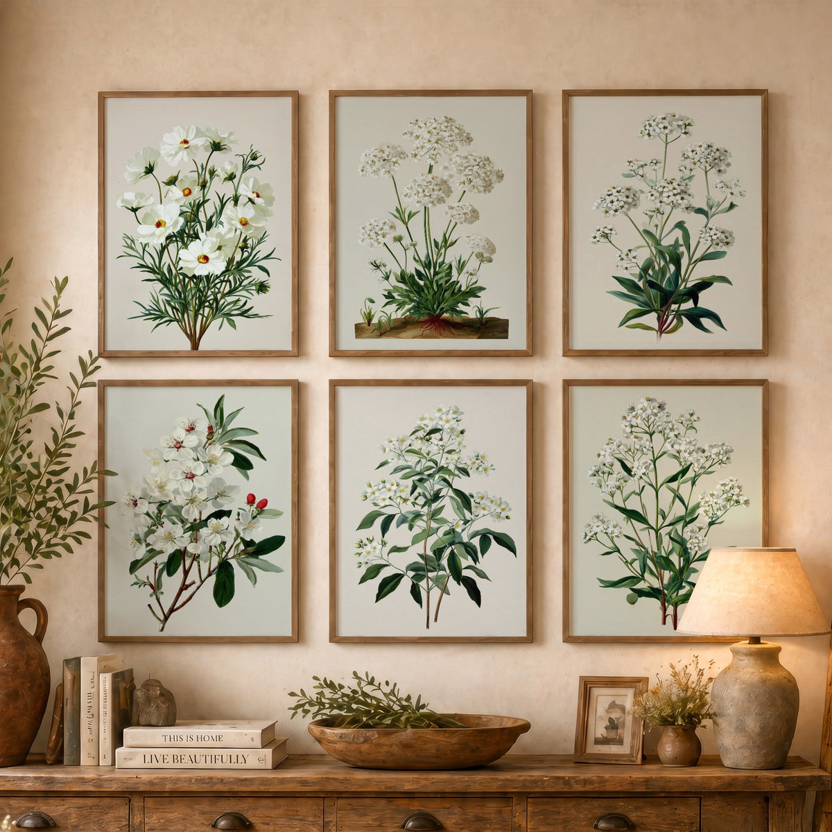 Set of Six White Flower Botanical Art Prints - 6 Vintage Green and Cream Posters - Cosmos, Valerian, Alyssum, Blossom Illustration