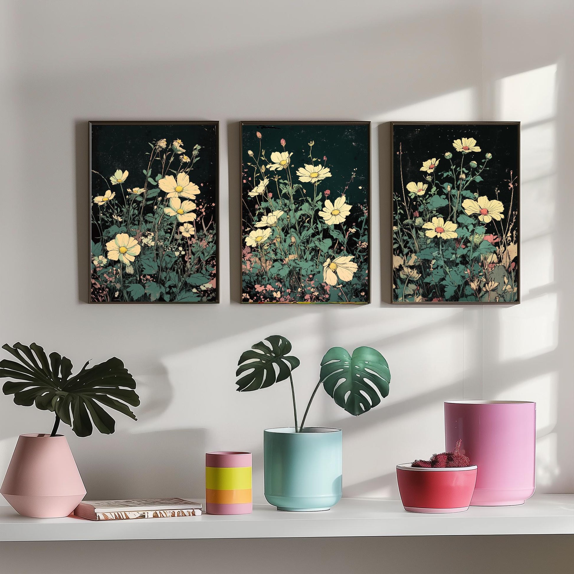 Wildflower Daisies Set of Three Art Prints | Moody Dark Botanical Illustration Poster